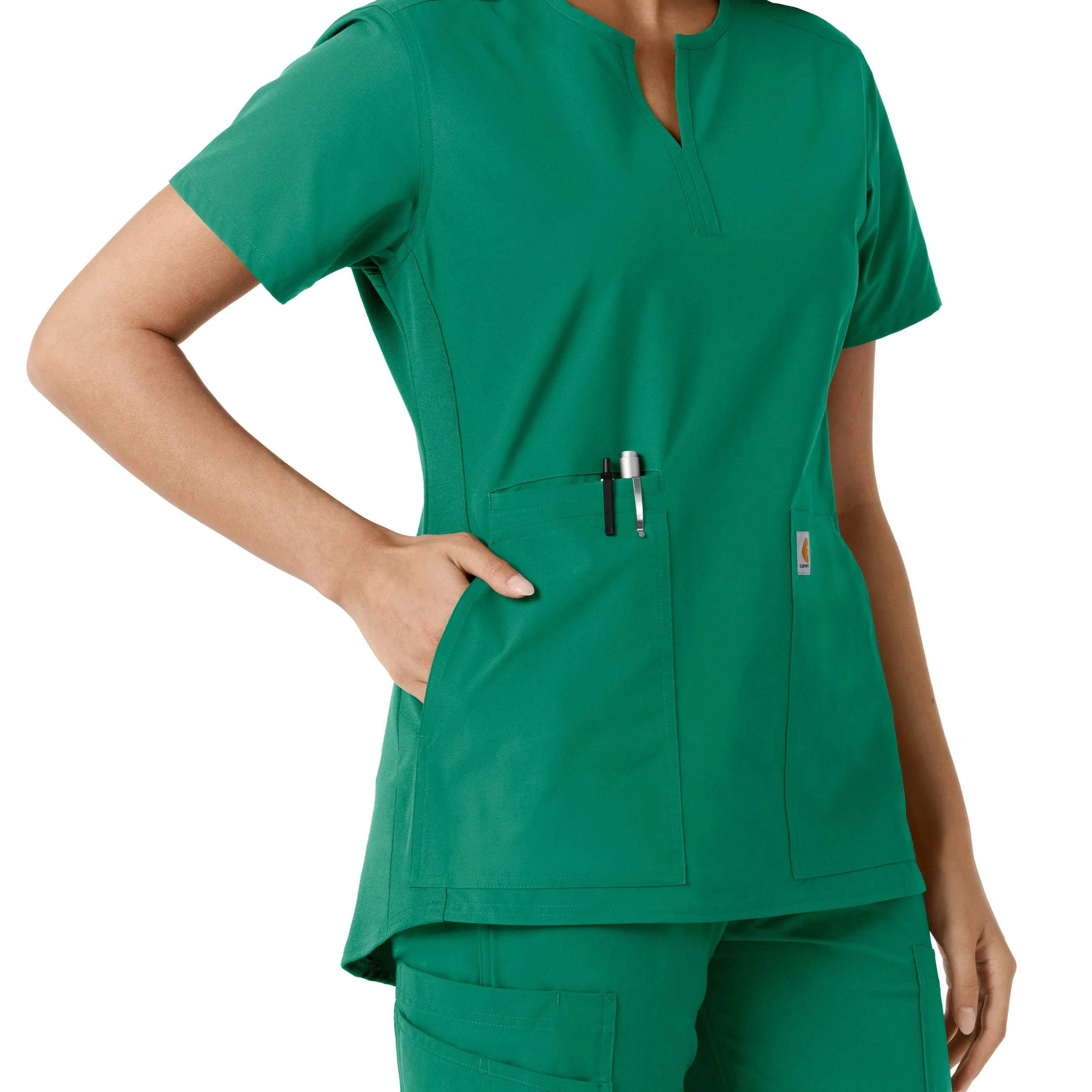 Force Essentials C12413 Notch Neck Tunic Knit Panel Scrub Top Hunter