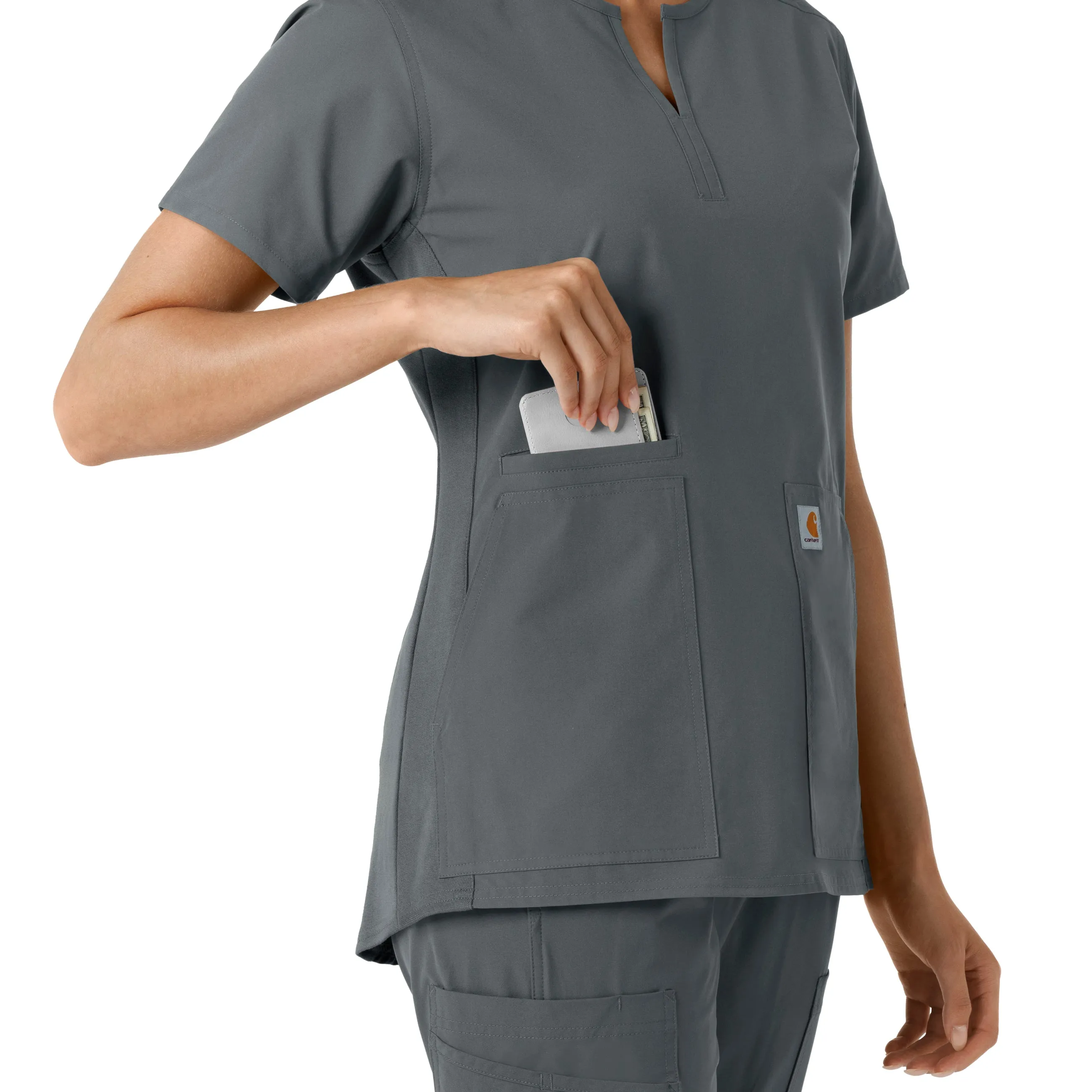 Force Essentials C12413 Notch Neck Tunic Knit Panel Scrub Top Pewter