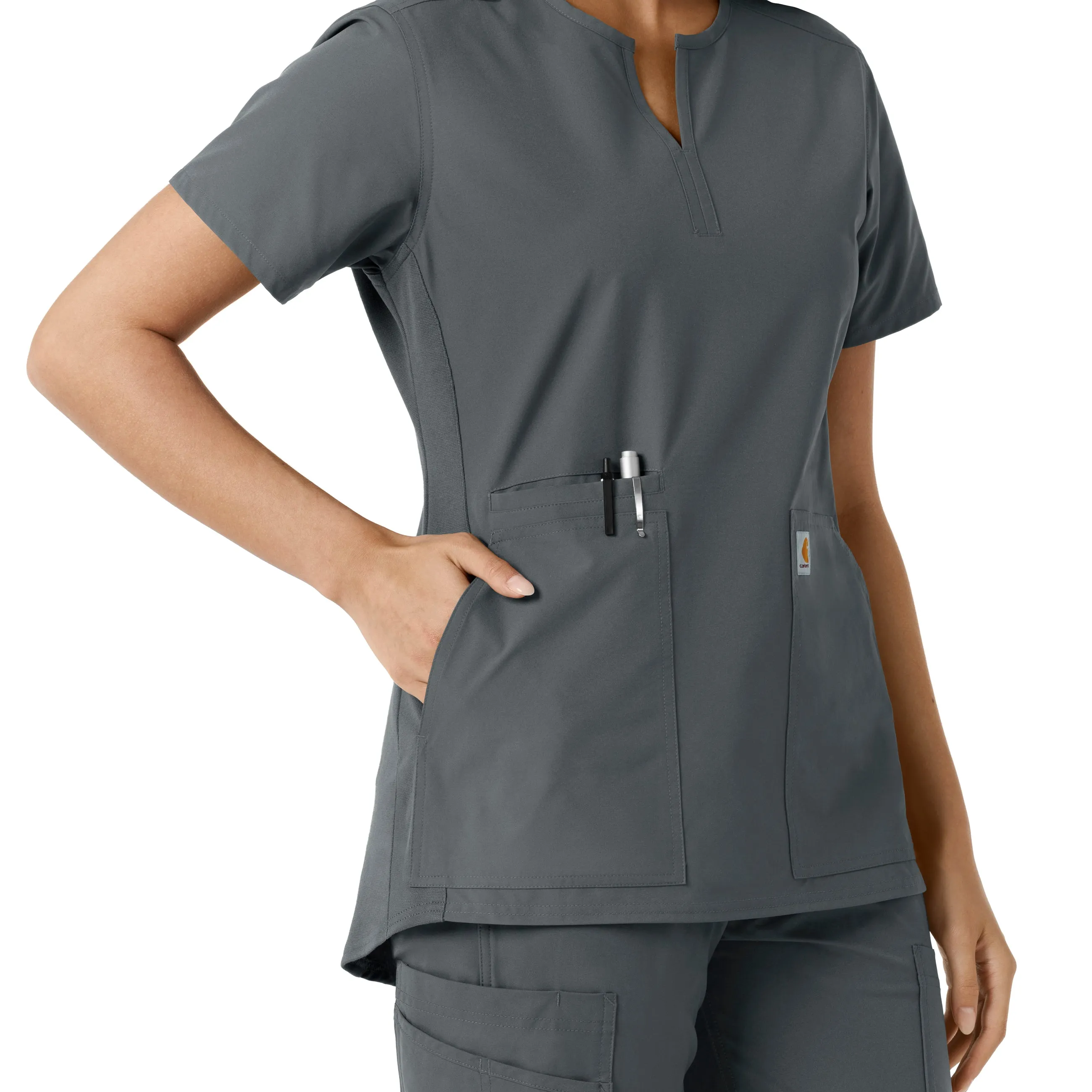Force Essentials C12413 Notch Neck Tunic Knit Panel Scrub Top Pewter