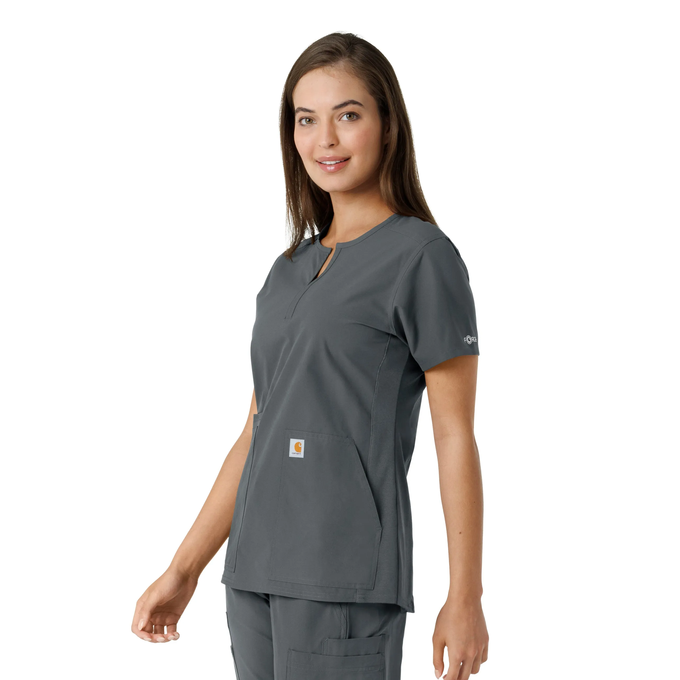 Force Essentials C12413 Notch Neck Tunic Knit Panel Scrub Top Pewter