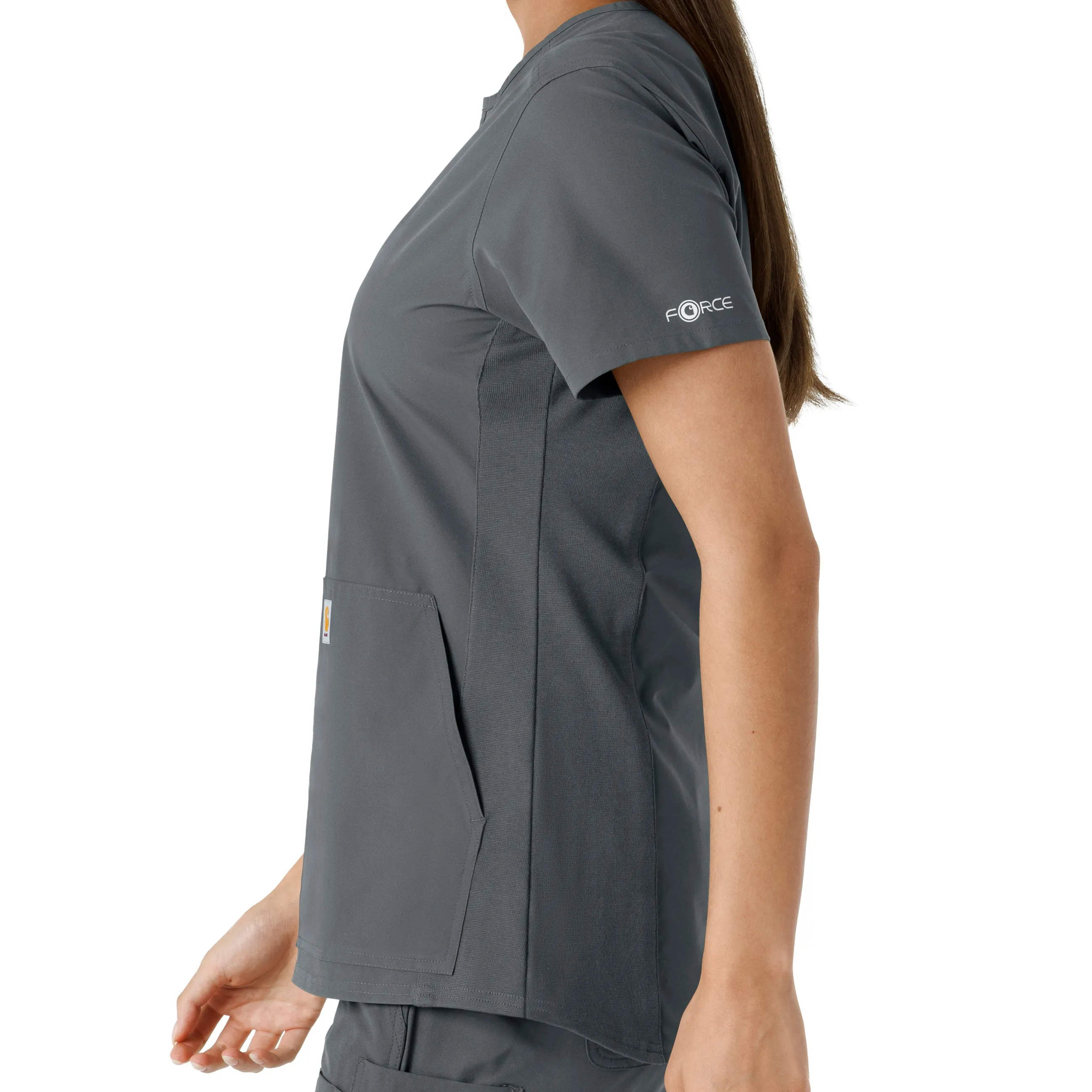 Force Essentials C12413 Notch Neck Tunic Knit Panel Scrub Top Pewter