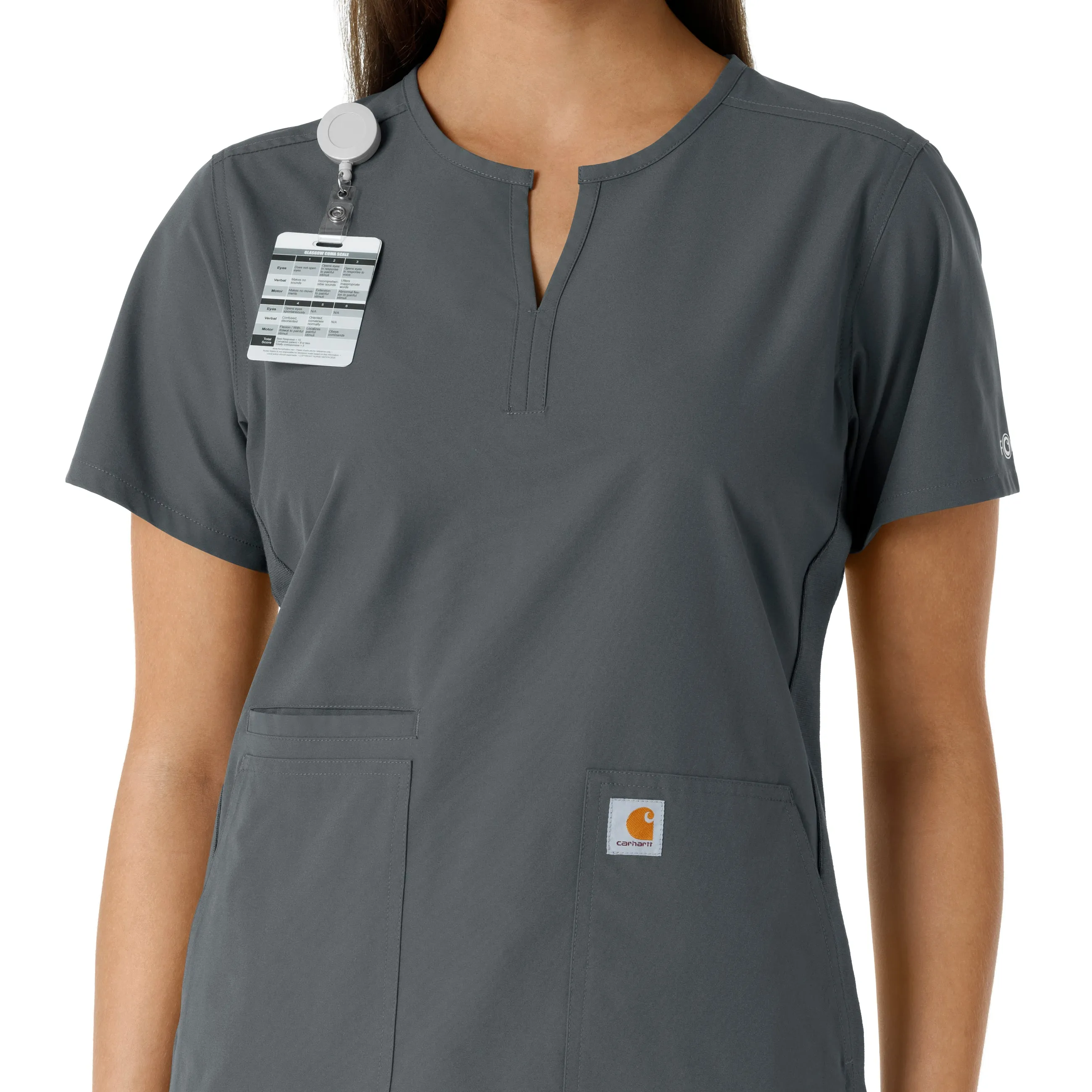 Force Essentials C12413 Notch Neck Tunic Knit Panel Scrub Top Pewter
