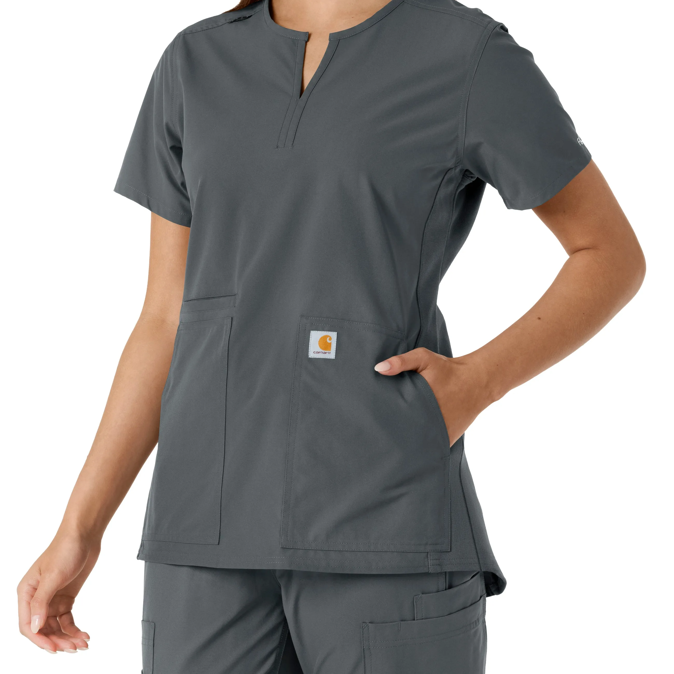 Force Essentials C12413 Notch Neck Tunic Knit Panel Scrub Top Pewter