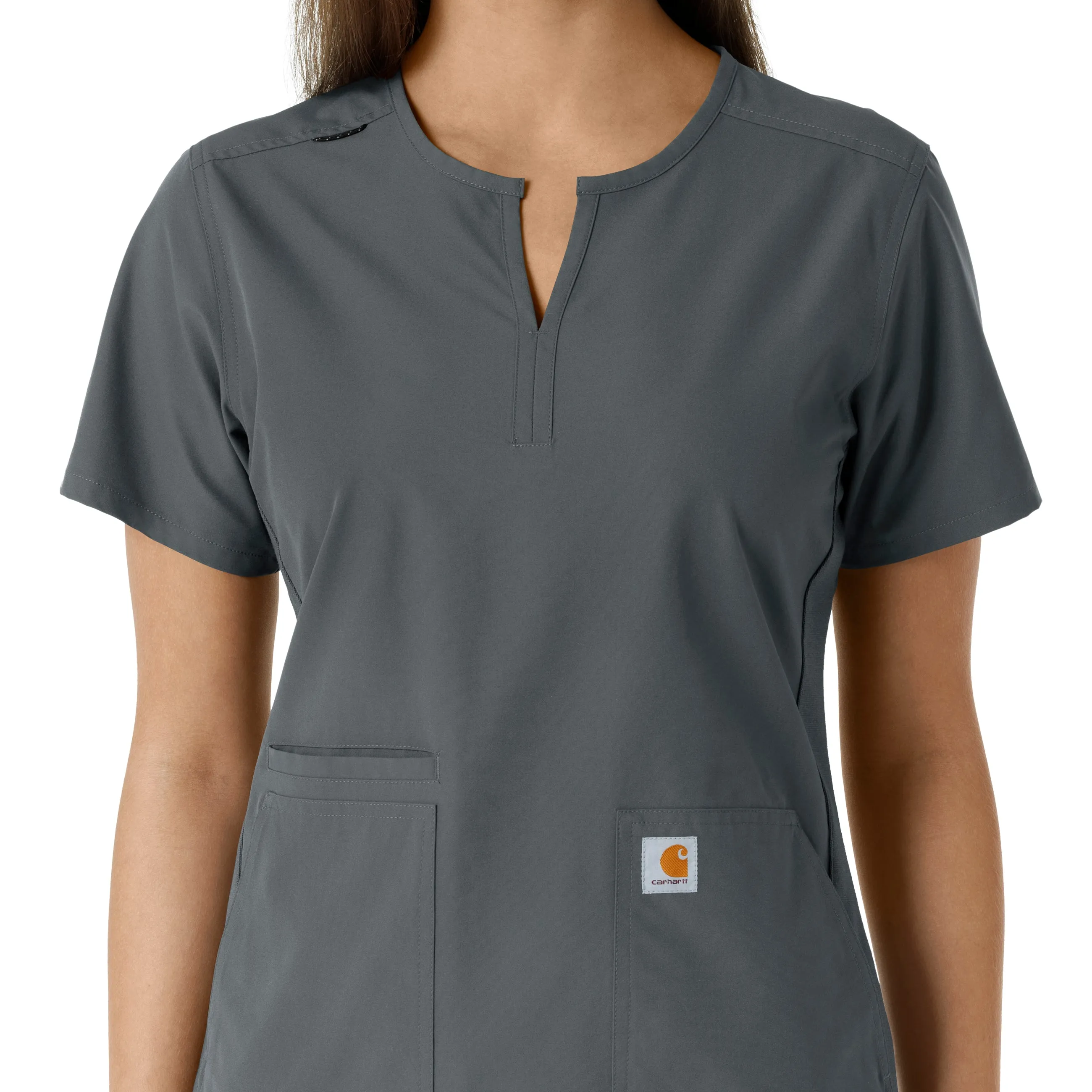 Force Essentials C12413 Notch Neck Tunic Knit Panel Scrub Top Pewter