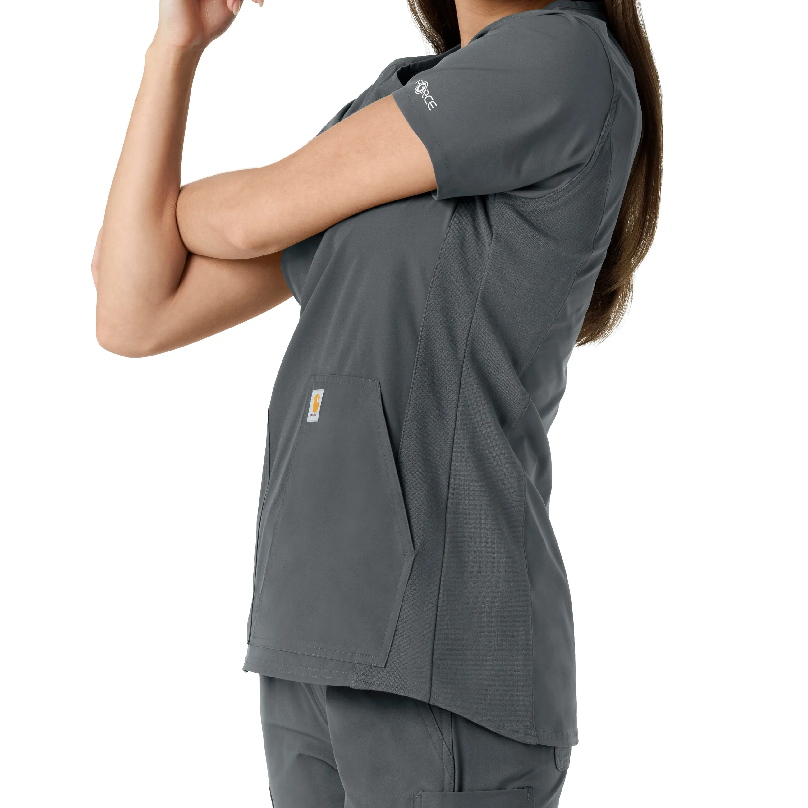 Force Essentials C12413 Notch Neck Tunic Knit Panel Scrub Top Pewter