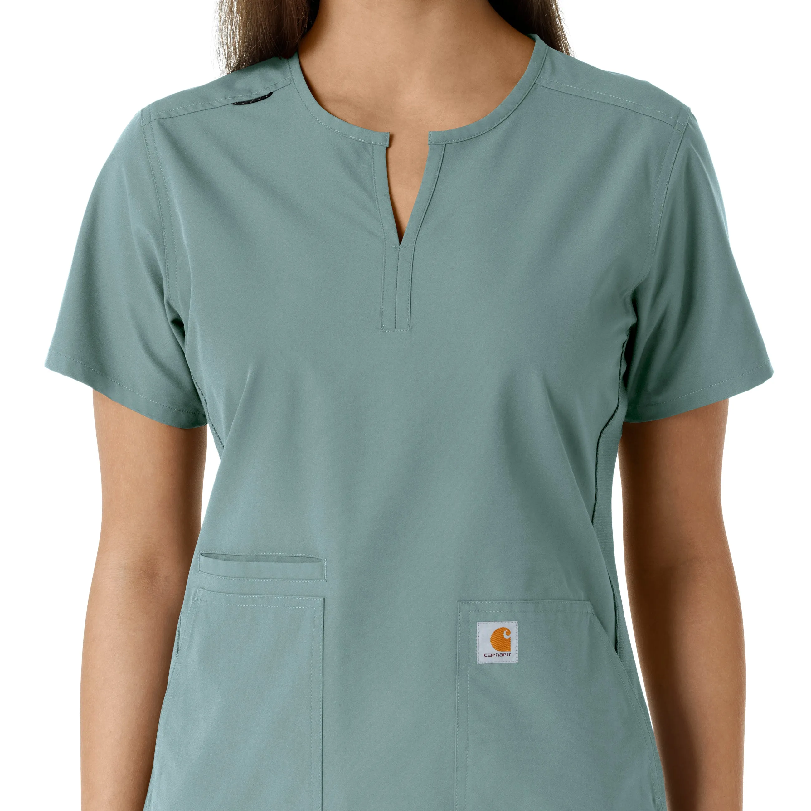 Force Essentials C12413 Notch Neck Tunic Knit Panel Scrub Top Summer Blue