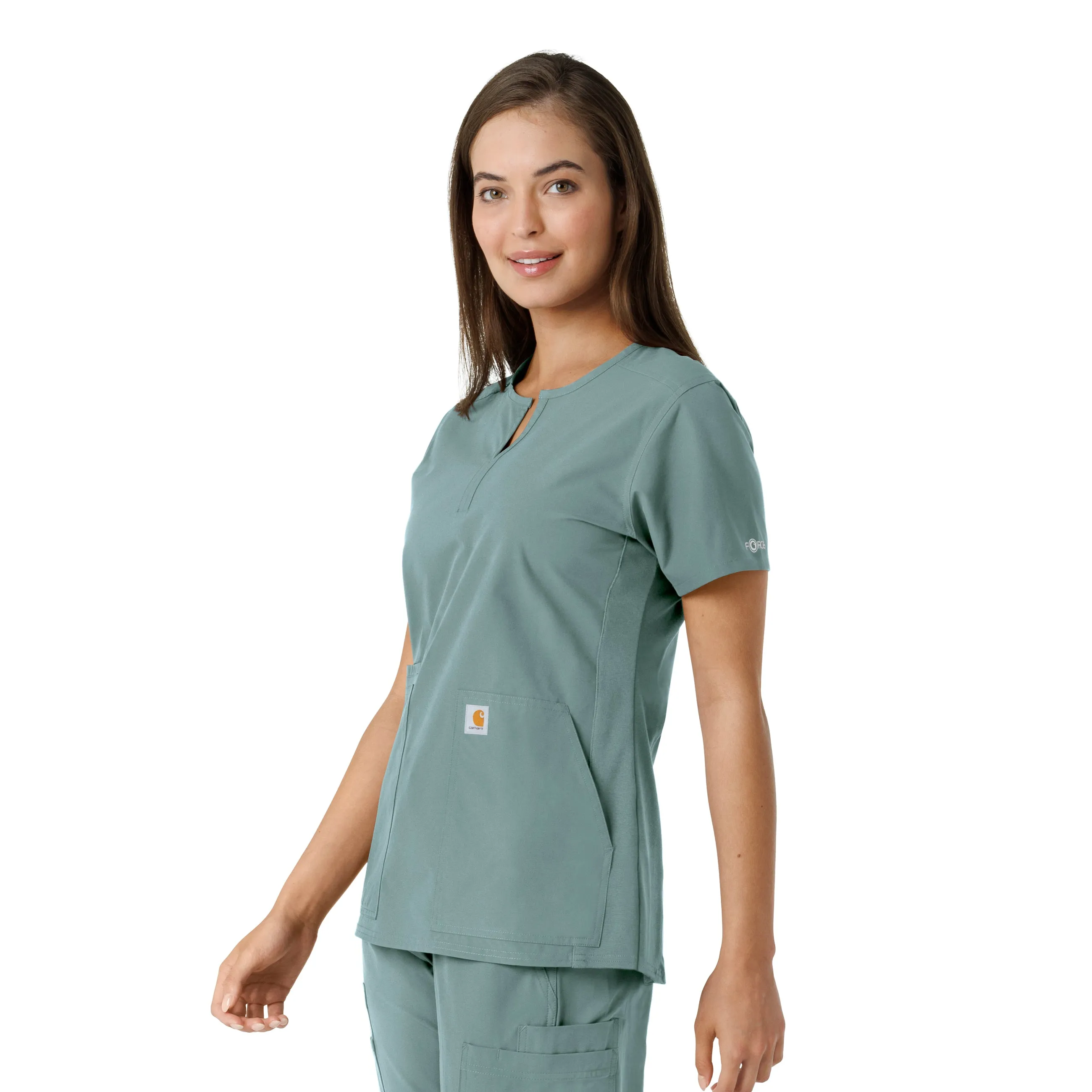 Force Essentials C12413 Notch Neck Tunic Knit Panel Scrub Top Summer Blue