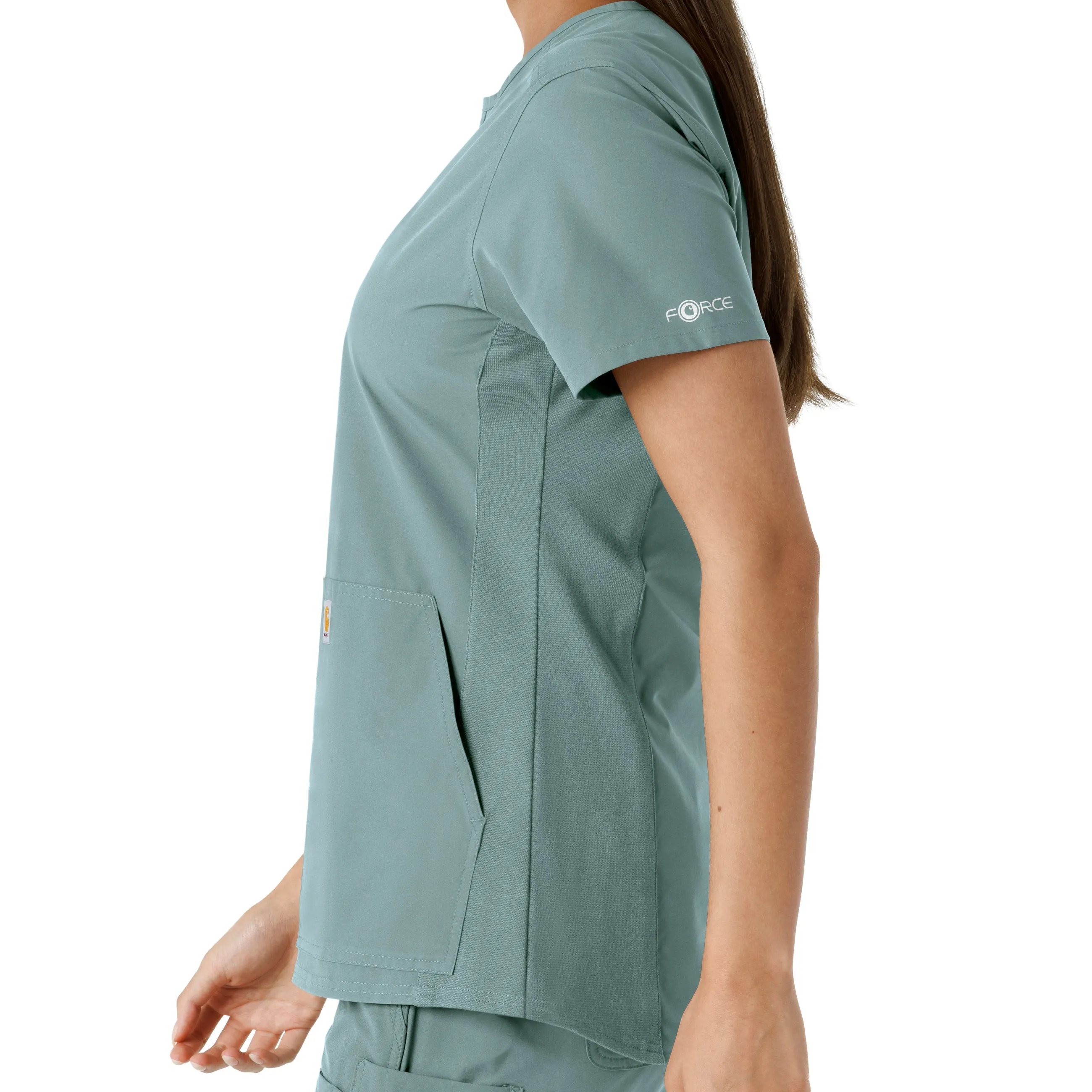 Force Essentials C12413 Notch Neck Tunic Knit Panel Scrub Top Summer Blue