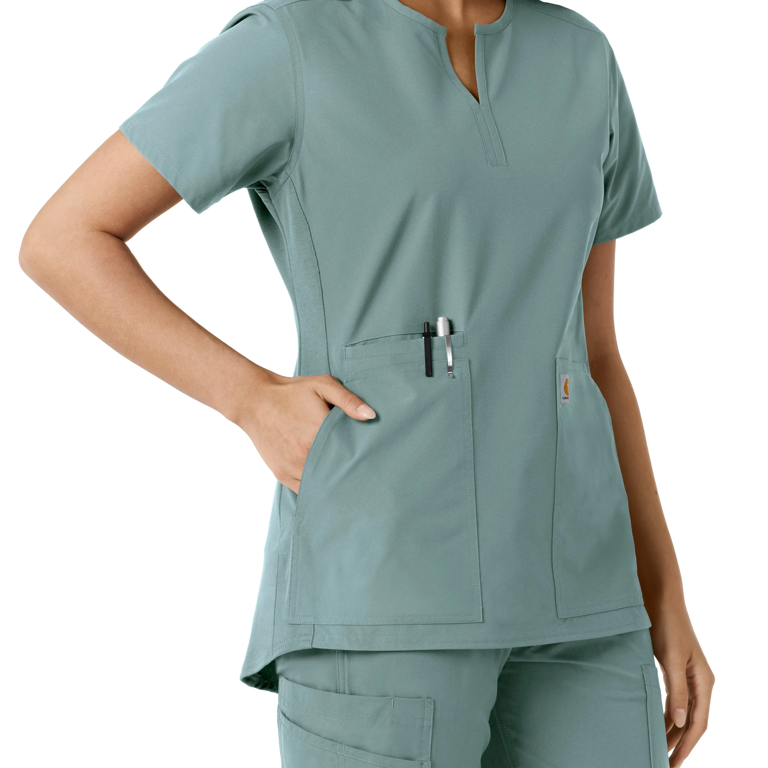 Force Essentials C12413 Notch Neck Tunic Knit Panel Scrub Top Summer Blue