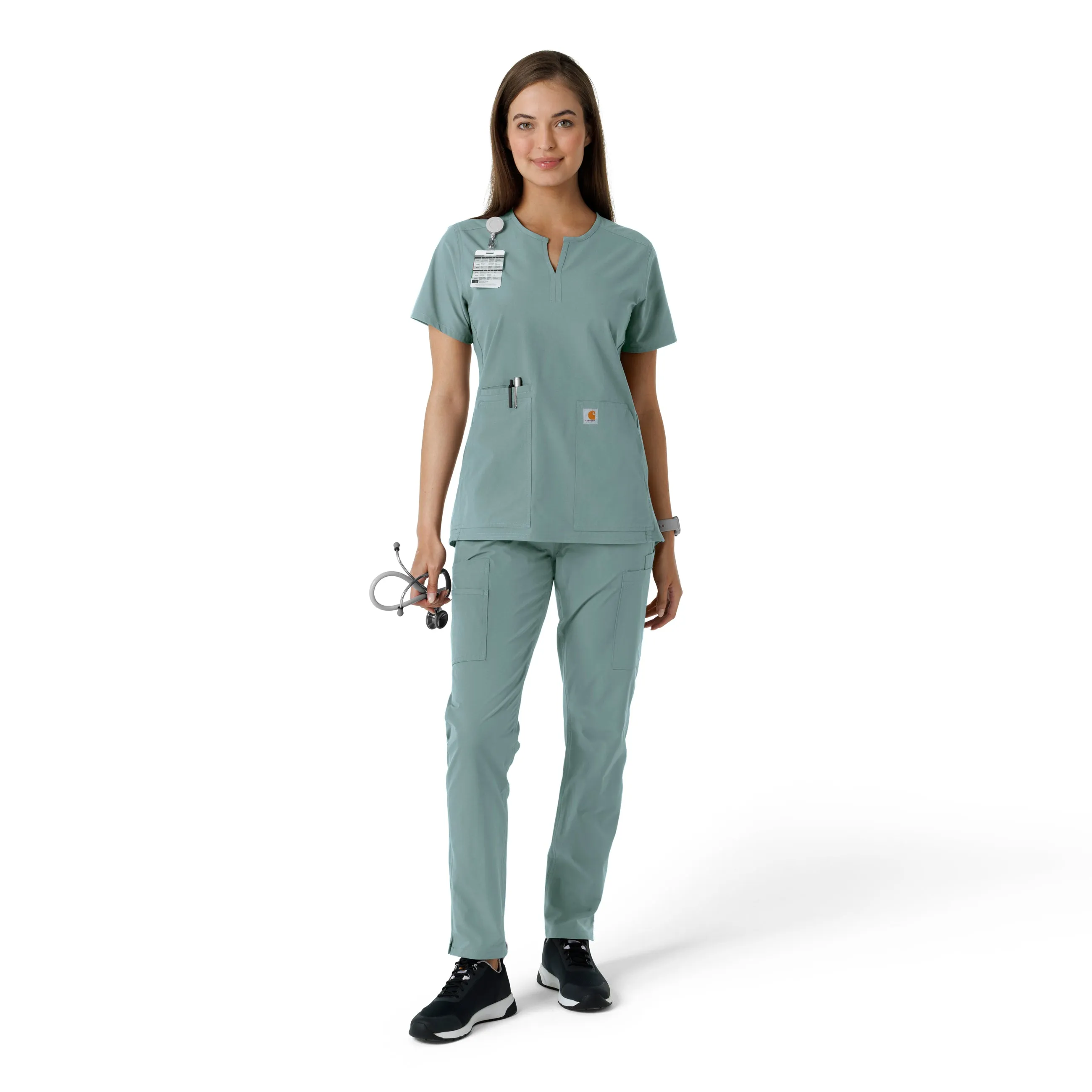 Force Essentials C12413 Notch Neck Tunic Knit Panel Scrub Top Summer Blue