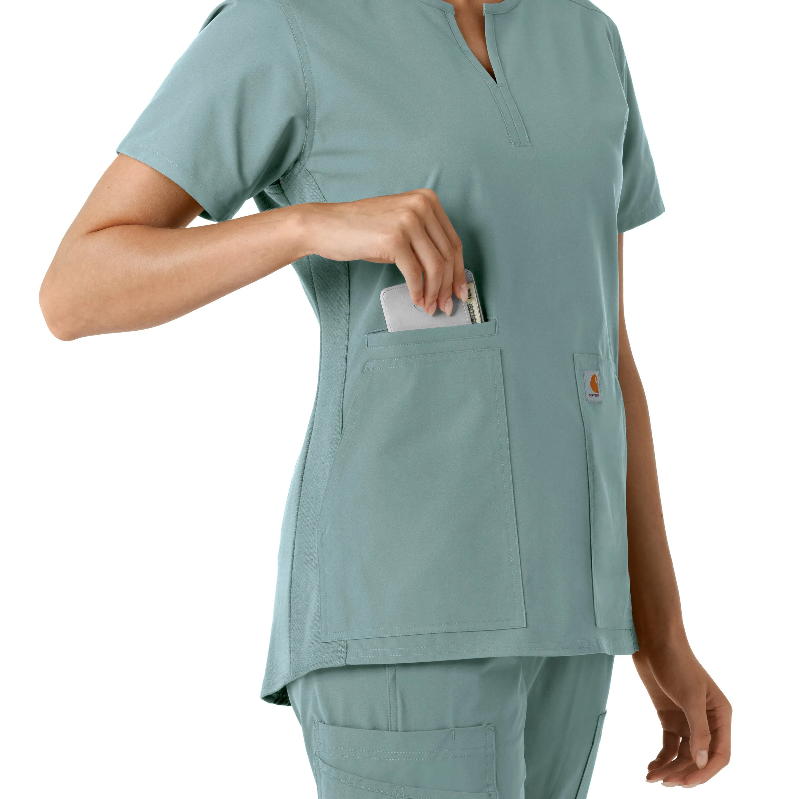 Force Essentials C12413 Notch Neck Tunic Knit Panel Scrub Top Summer Blue