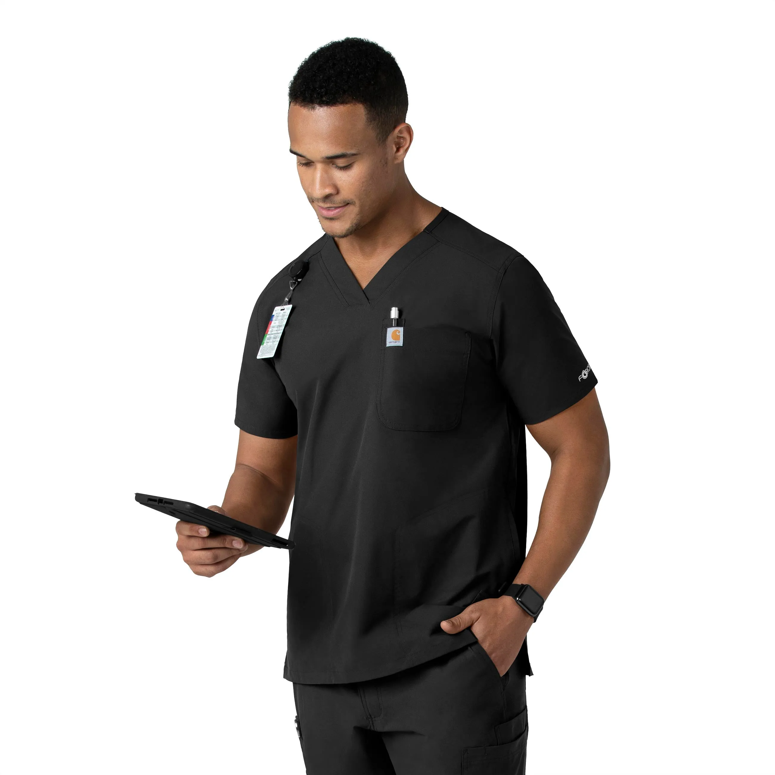 Force Essentials C16113 Men's V-Neck Shirttail Scrub Top Black