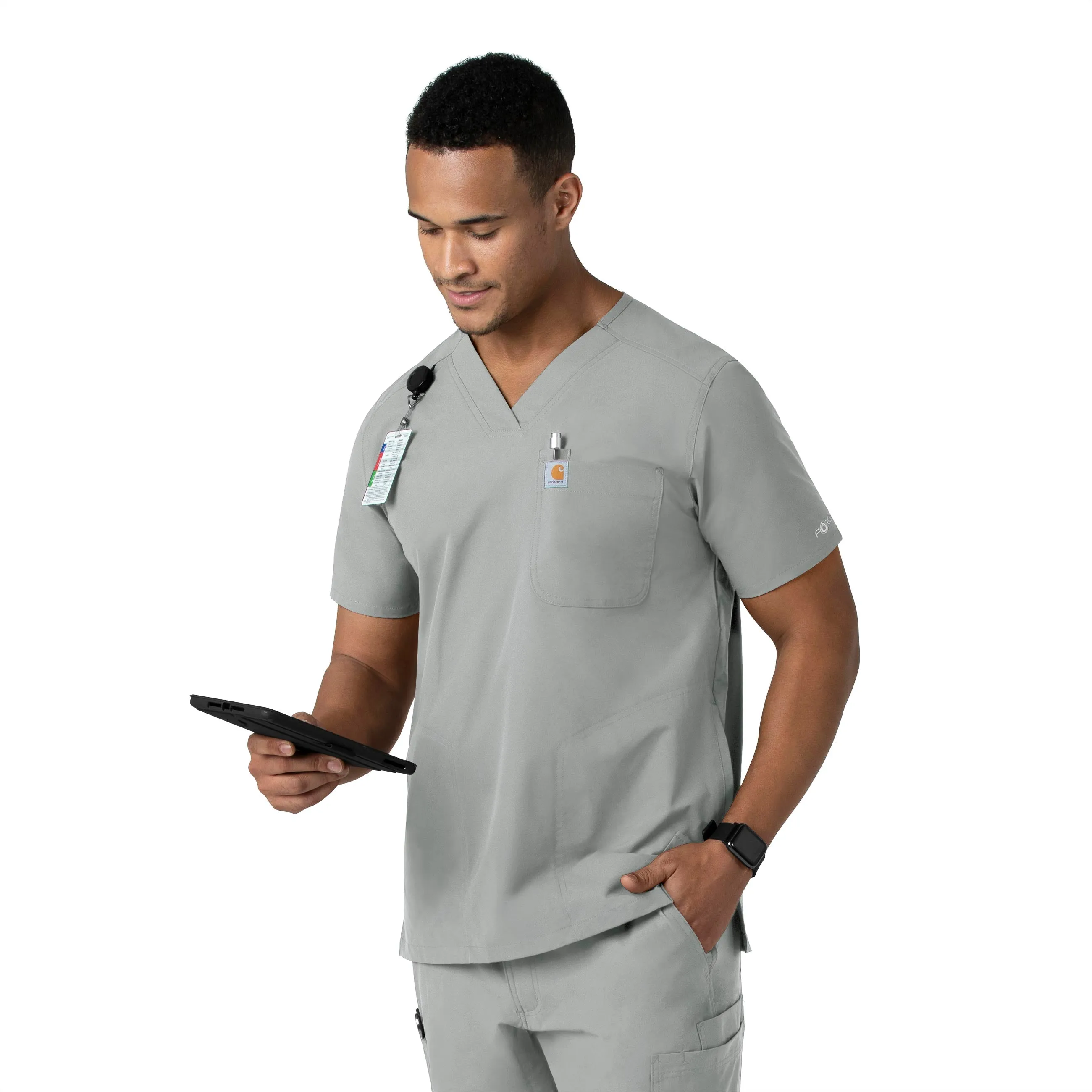 Force Essentials C16113 Men's V-Neck Shirttail Scrub Top Grey