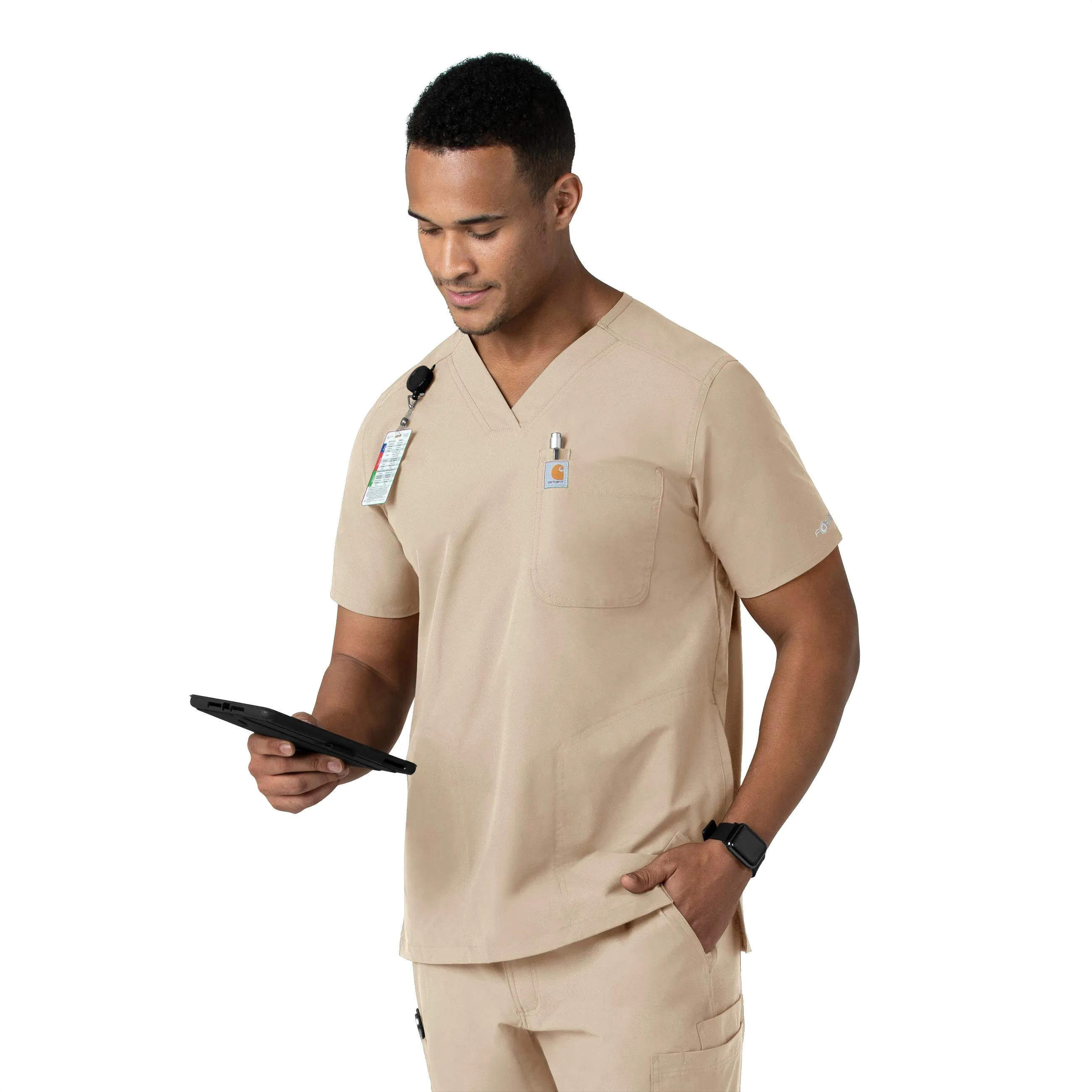 Force Essentials C16113 Men's V-Neck Shirttail Scrub Top Khaki