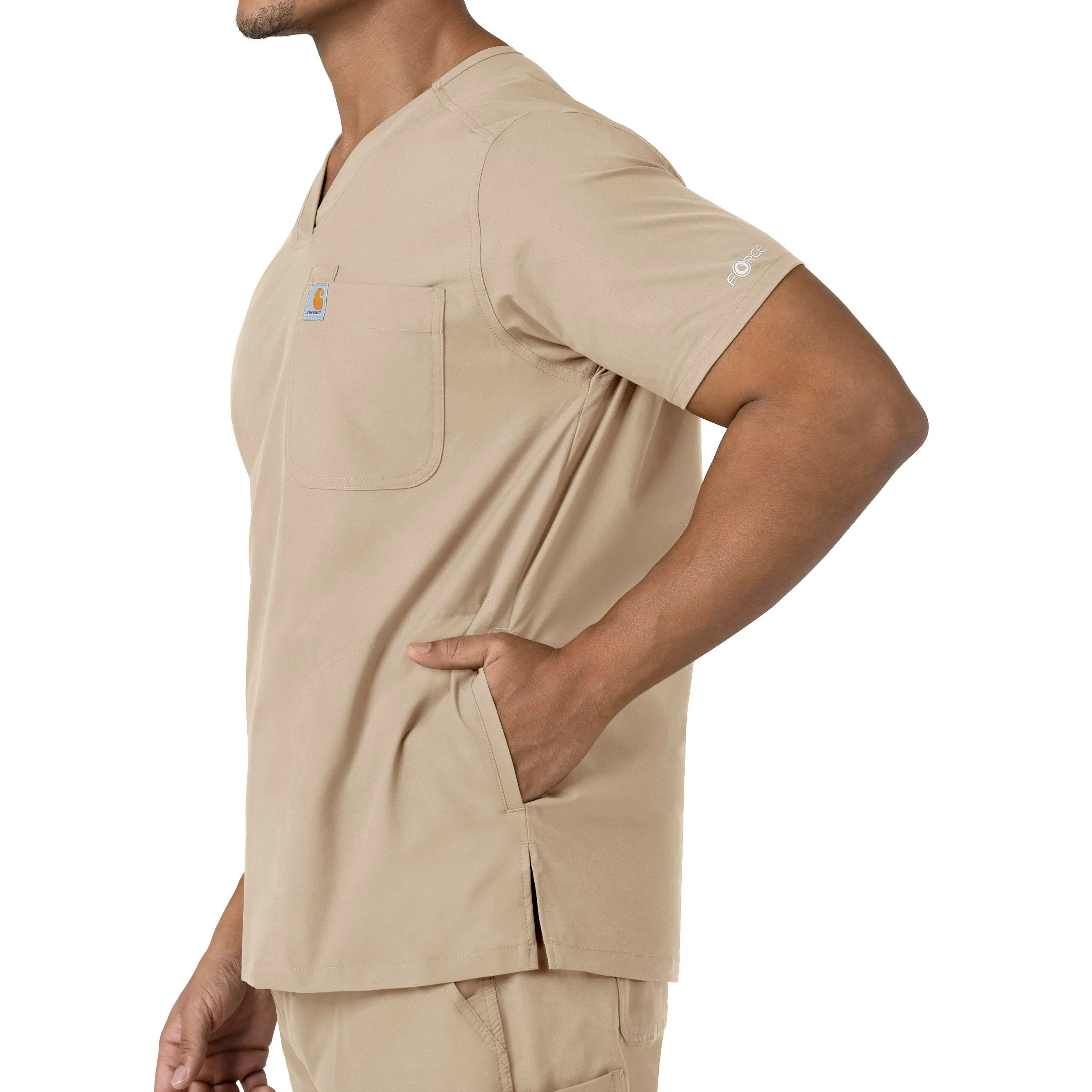 Force Essentials C16113 Men's V-Neck Shirttail Scrub Top Khaki