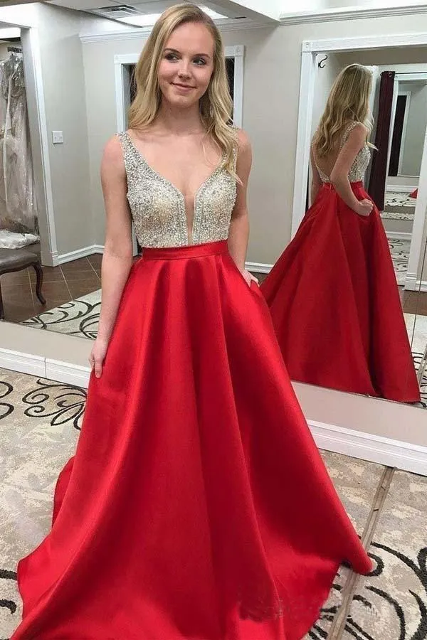 Formal Deep V-Neck Beaded Red Satin Prom Dresses With Pocket,MP452
