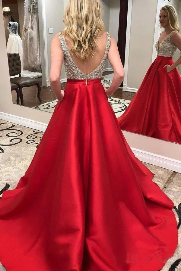 Formal Deep V-Neck Beaded Red Satin Prom Dresses With Pocket,MP452