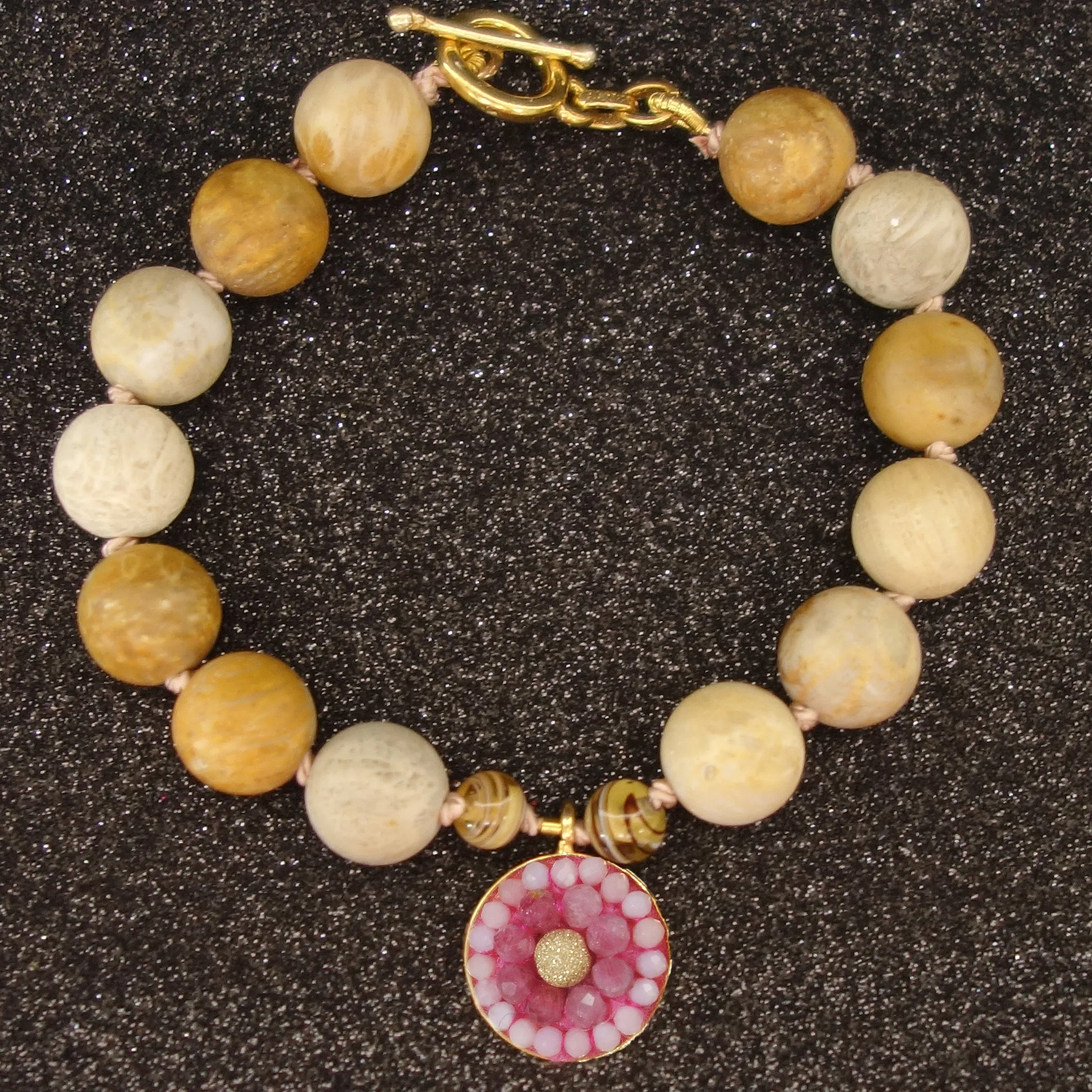 Fossil Coral and Pink Sapphire mosaic bracelet