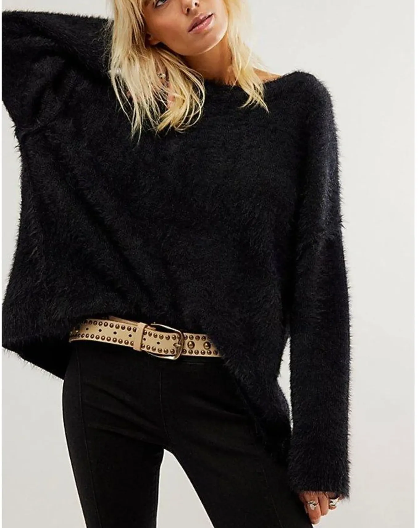 Free People Black Harrison Bunny Super soft Crew Neck Jumper UK M