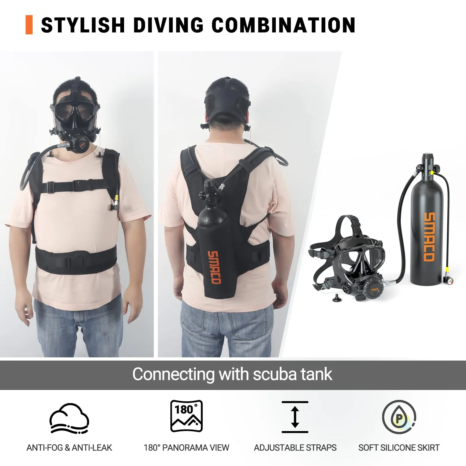 Full Face Diving Mask for Scuba Diving, 180° View Panoramic Dive Mask with Camera Mount, Anti-Fog & Anti-Leak Dive Mask Support for Scuba Diving, Compatiable with SMACO S400/400Pro/S700 Scuba Tanks