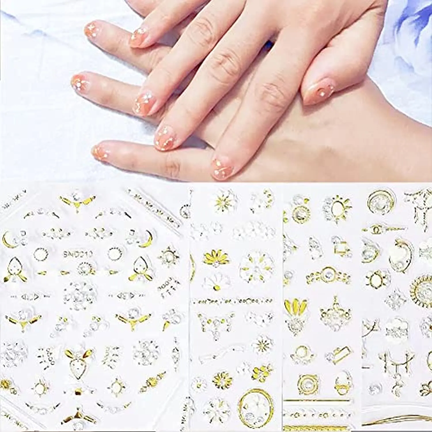 FUTVART 20 Sheets Nail Art Stickers 3D Diamond Self Adhesive Nail Decals Luxury Gold Nail Design Stickers Nail Decorations for Nail Art with Tweezers