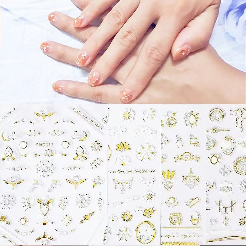 FUTVART 20 Sheets Nail Art Stickers 3D Diamond Self Adhesive Nail Decals Luxury Gold Nail Design Stickers Nail Decorations for Nail Art with Tweezers