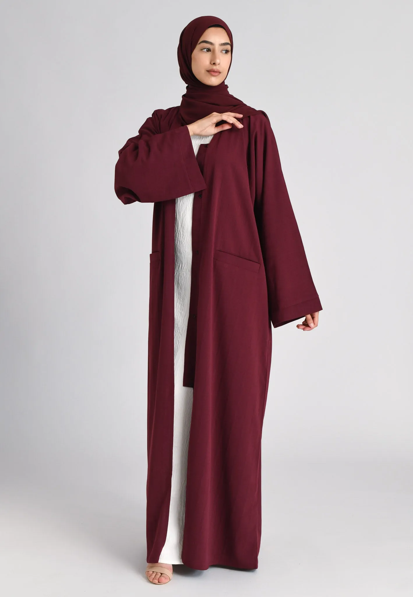 Garnet Maroon Open Abaya with Front Pockets (Premium)