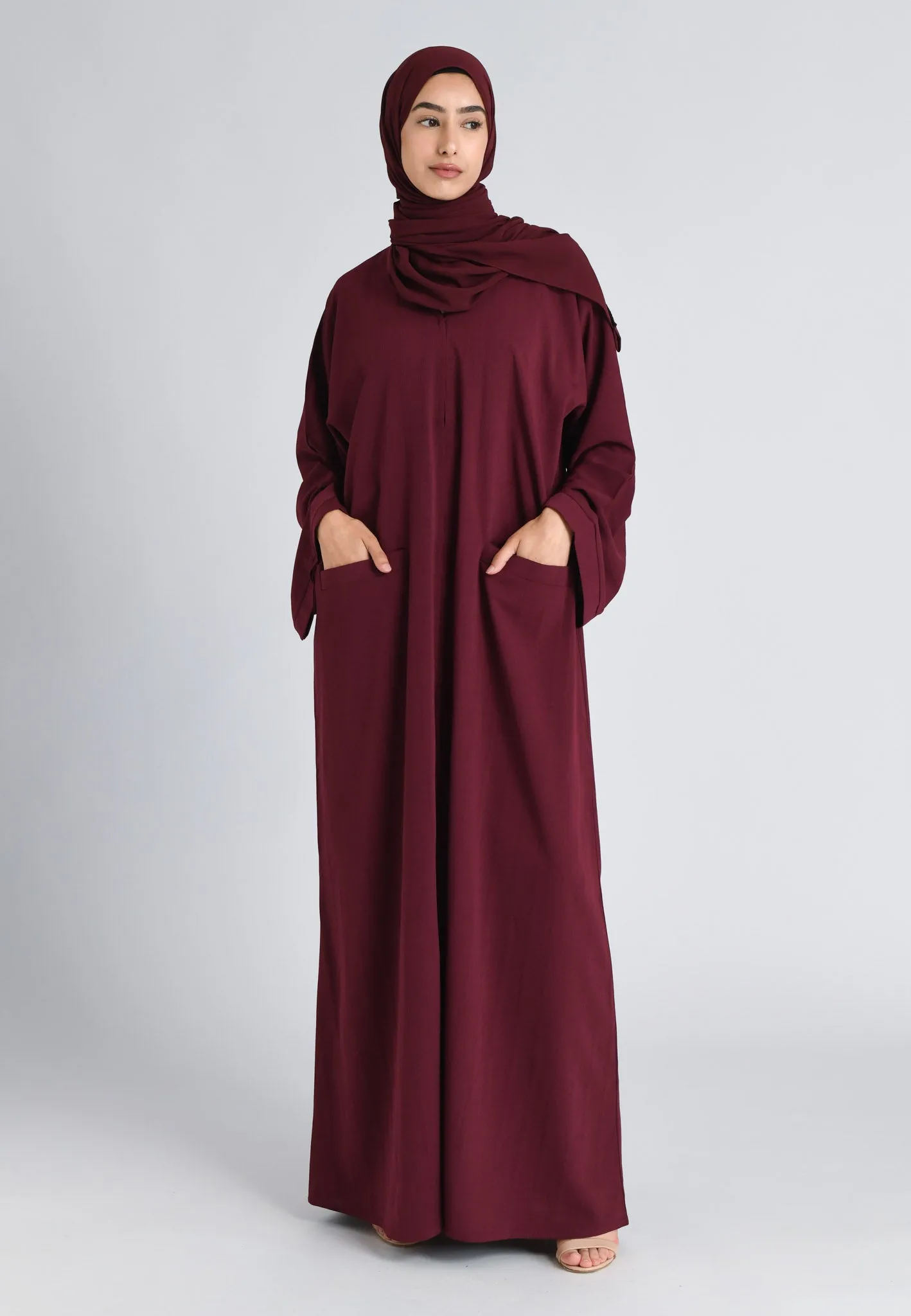Garnet Maroon Open Abaya with Front Pockets (Premium)