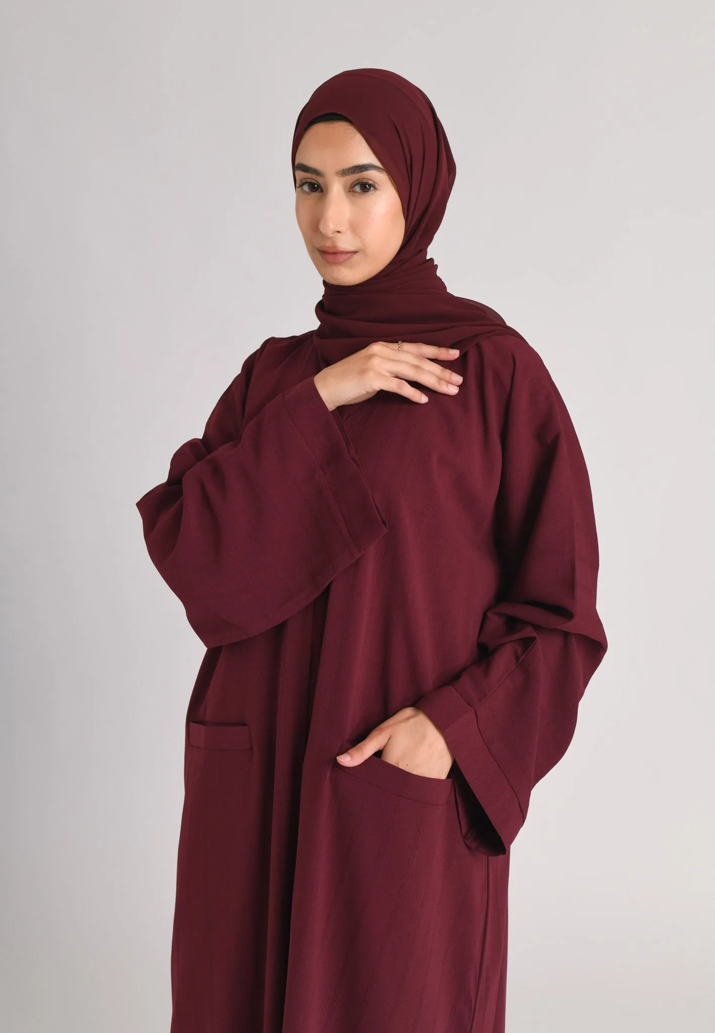 Garnet Maroon Open Abaya with Front Pockets (Premium)