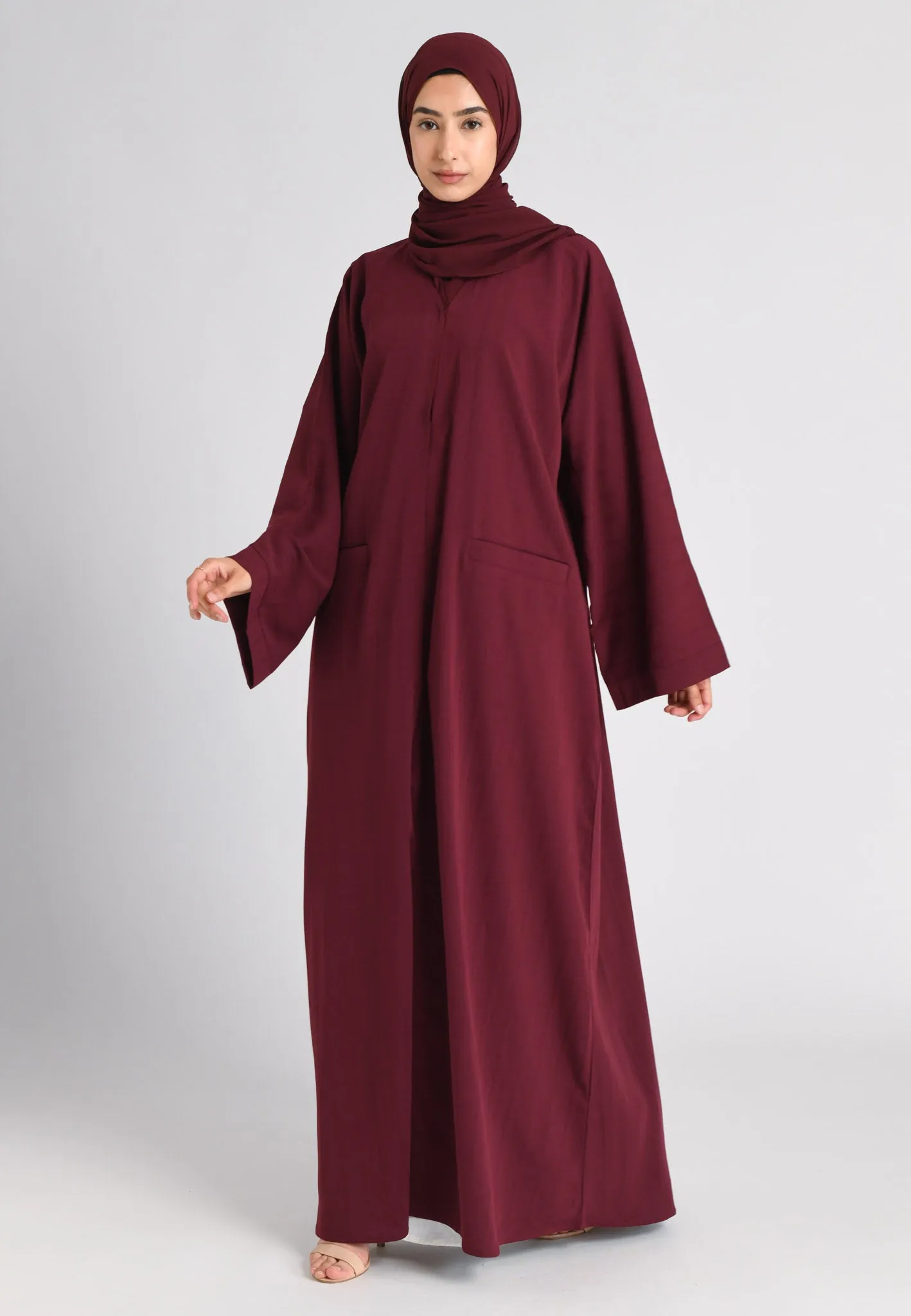 Garnet Maroon Open Abaya with Front Pockets (Premium)
