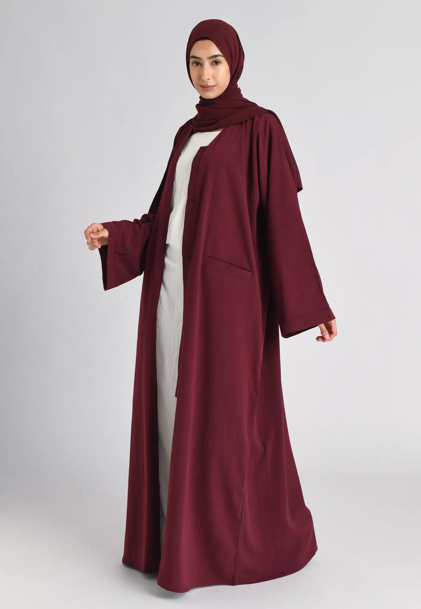 Garnet Maroon Open Abaya with Front Pockets (Premium)