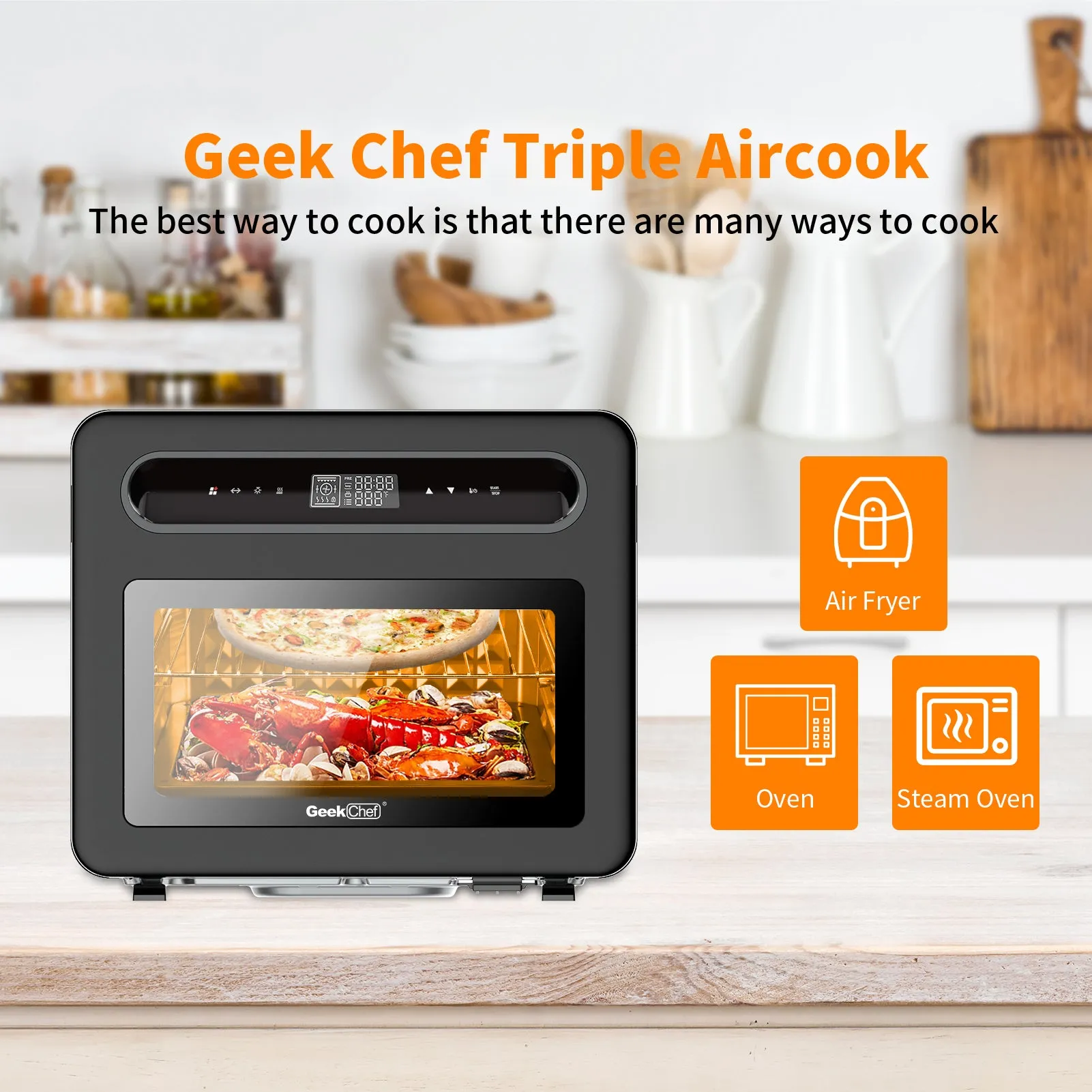 Geek Chef Steam Air Fryer Toast Oven Combo , 26 QT Steam Convection Oven, Black Stainless Steel