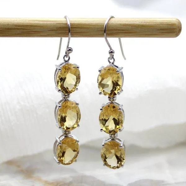 Genuine Long Citrine Triple Drop Dangling Earrings