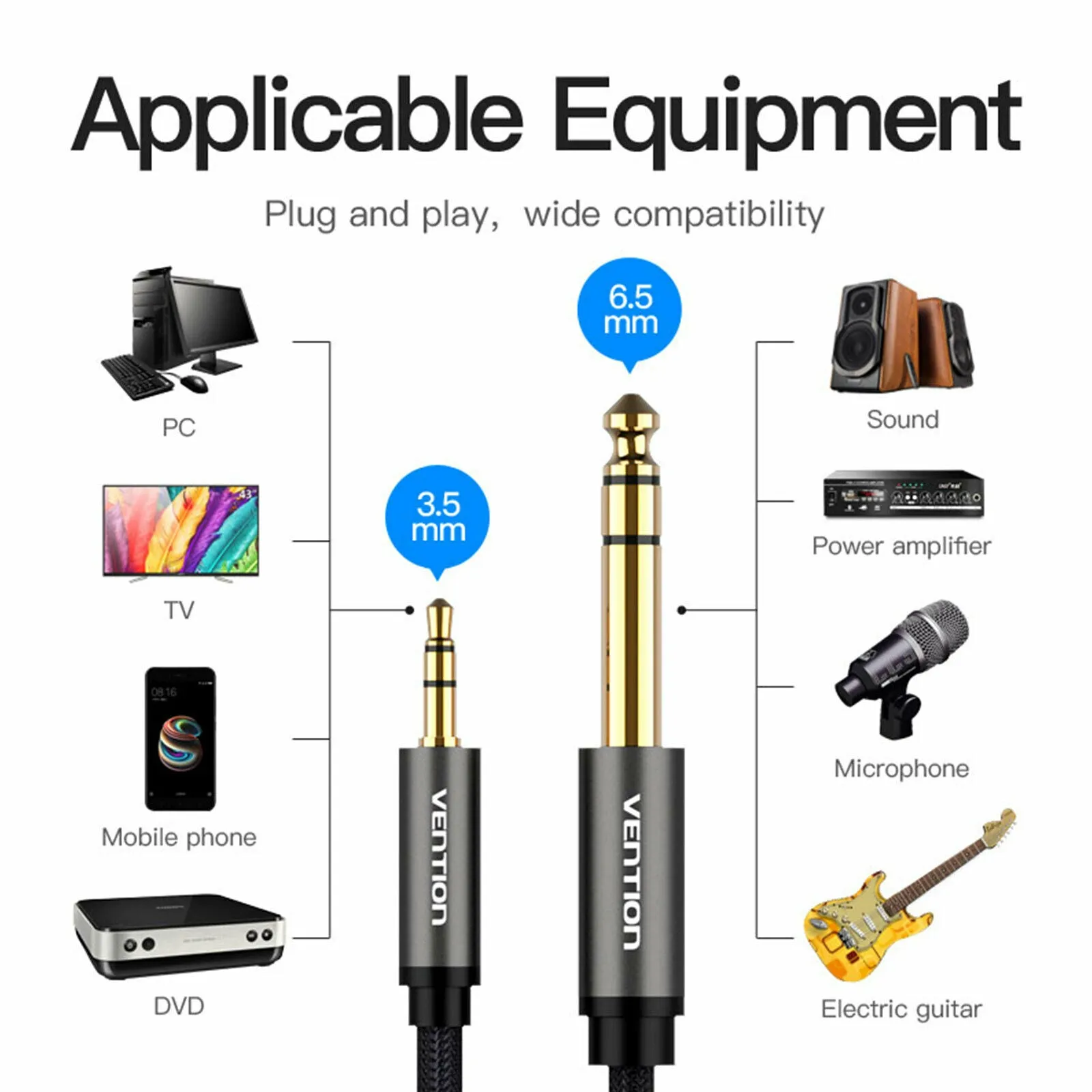Gold Plated 3.5mm to 6.35mm Audio Cable Connecting Mobile Phone Laptop Converter Line Connectors 2M