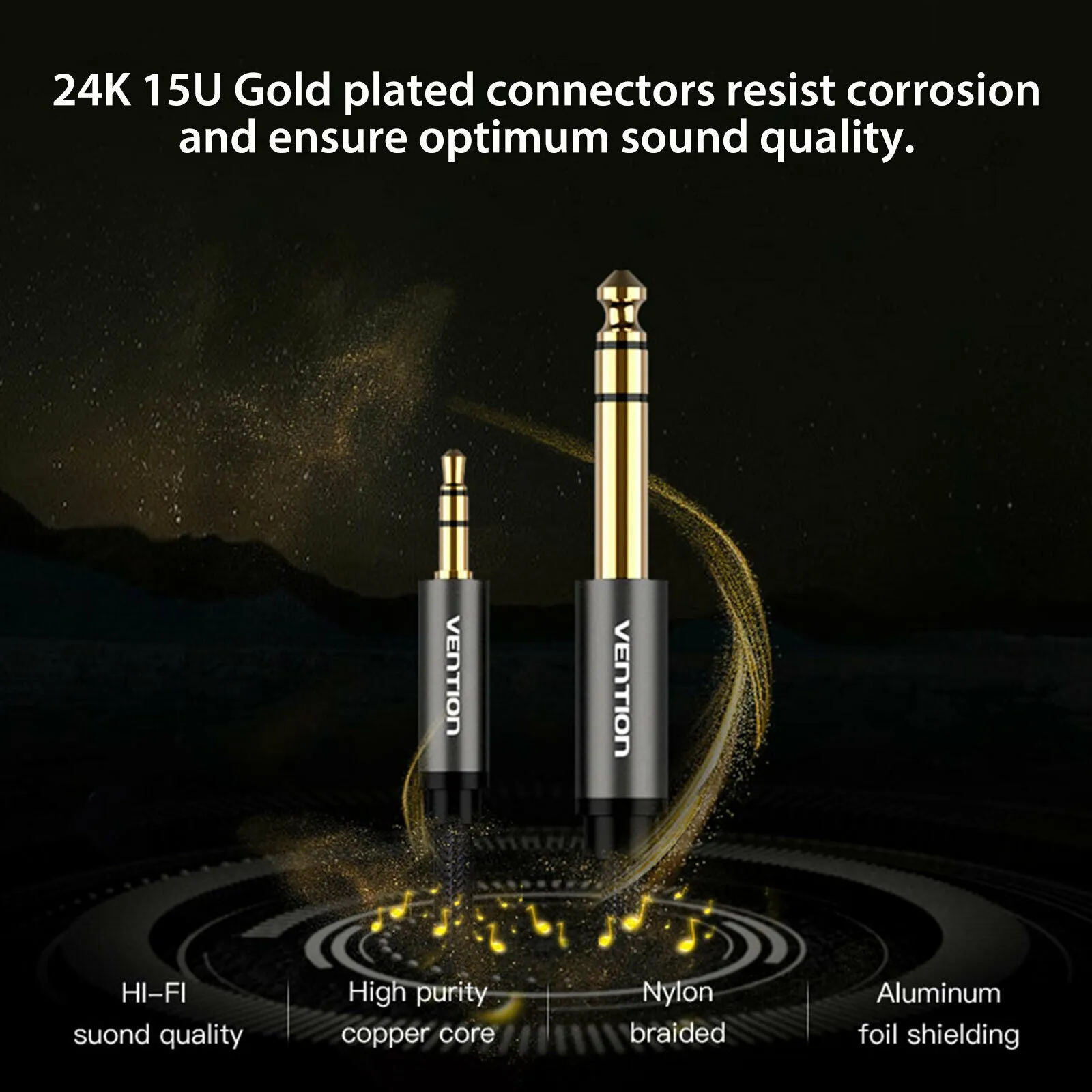 Gold Plated 3.5mm to 6.35mm Audio Cable Connecting Mobile Phone Laptop Converter Line Connectors 2M