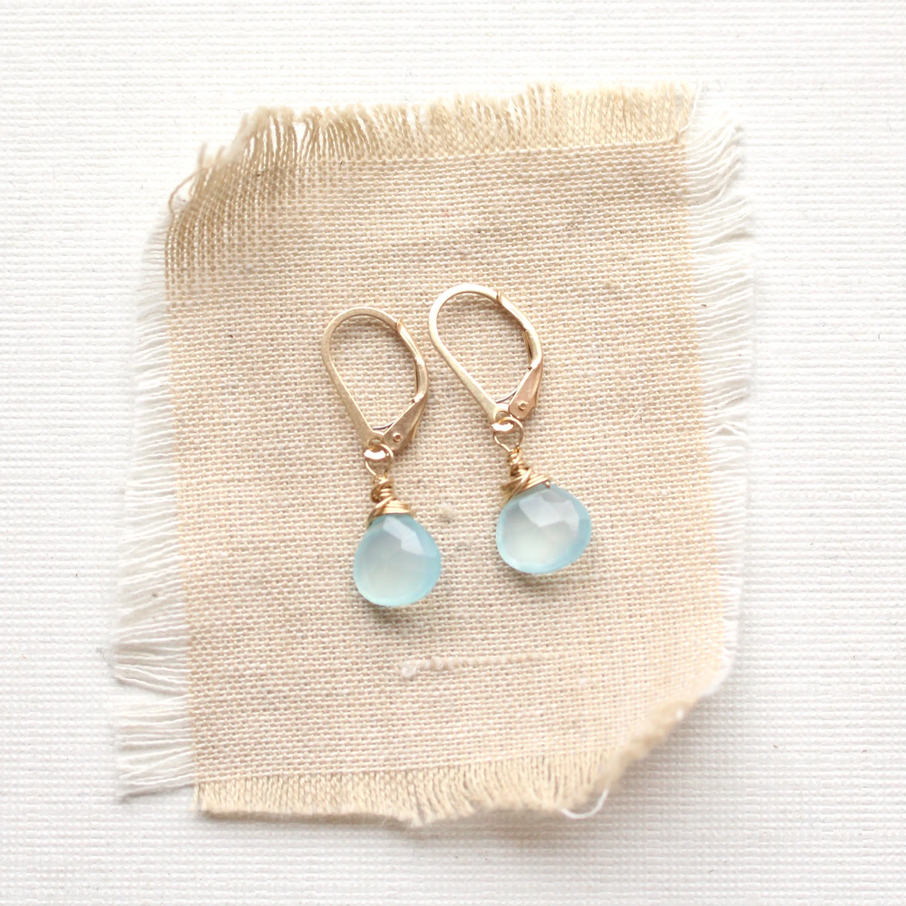 Gold Wrapped Aqua Chalcedony Briolette Earrings