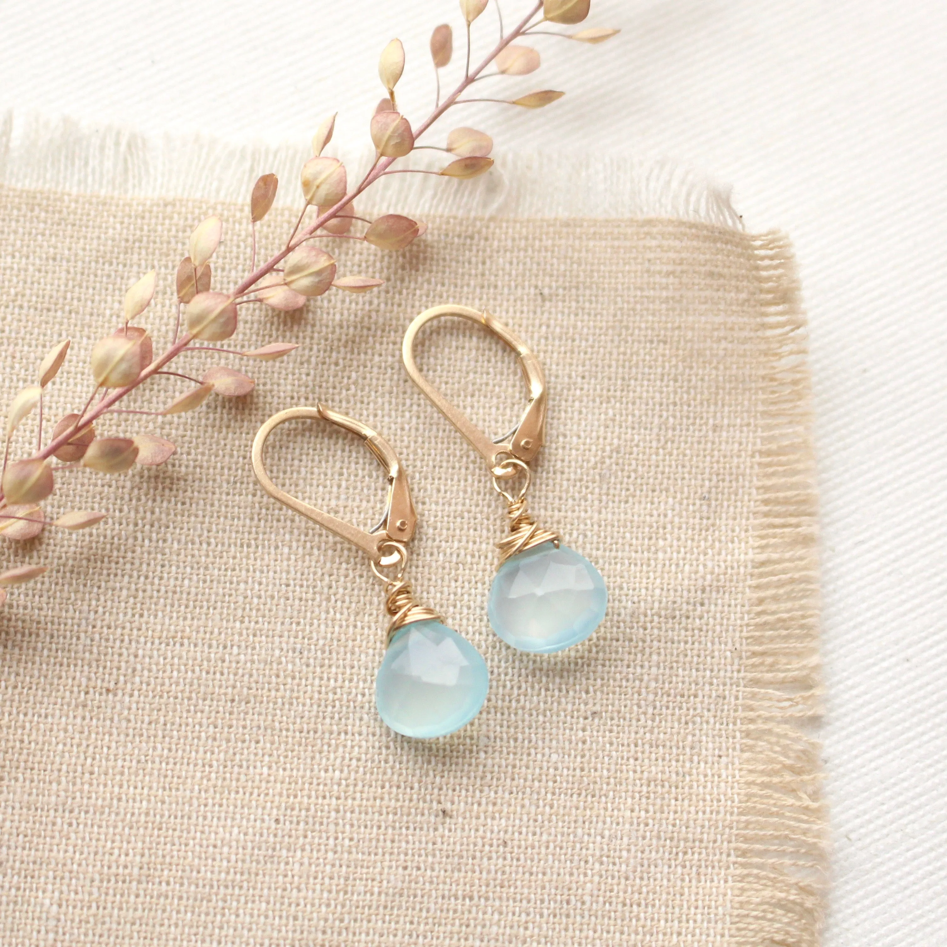 Gold Wrapped Aqua Chalcedony Briolette Earrings
