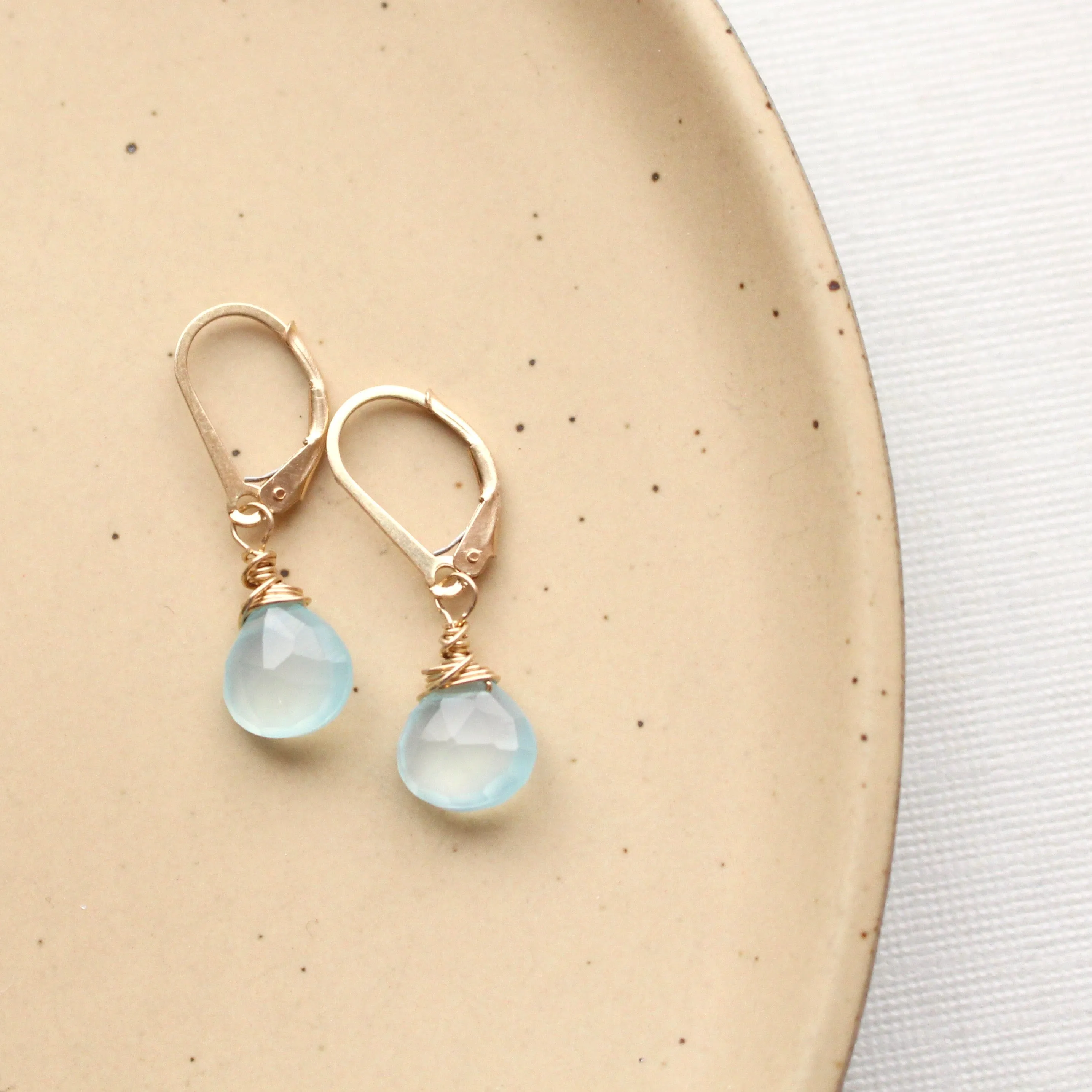 Gold Wrapped Aqua Chalcedony Briolette Earrings