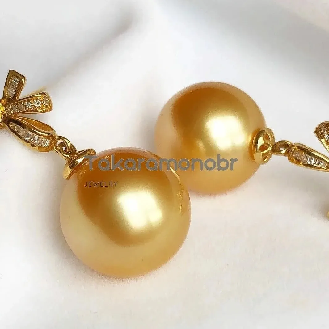 Golden Ribbons 13.0-14.0 mm Golden South Sea Pearl Earrings in Gold with Diamonds