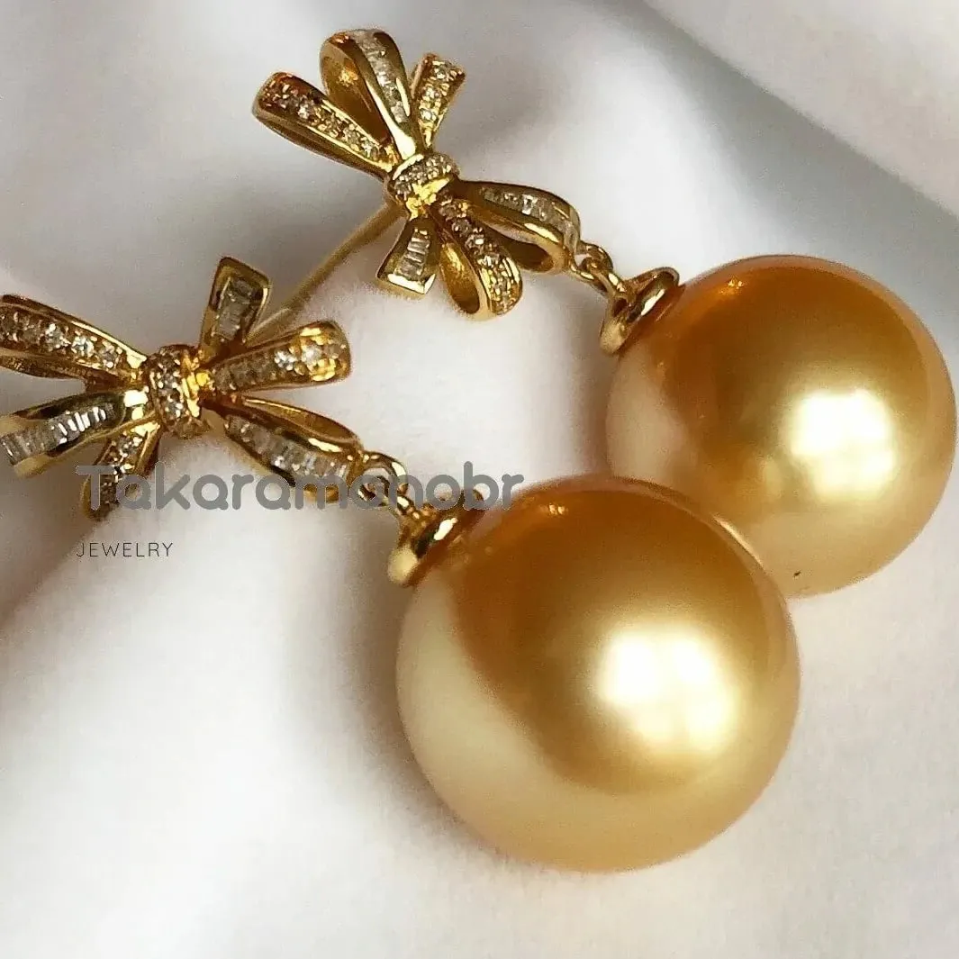 Golden Ribbons 13.0-14.0 mm Golden South Sea Pearl Earrings in Gold with Diamonds
