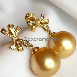 Golden Ribbons 13.0-14.0 mm Golden South Sea Pearl Earrings in Gold with Diamonds