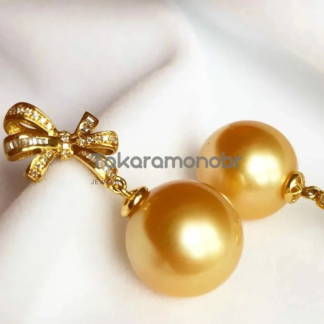Golden Ribbons 13.0-14.0 mm Golden South Sea Pearl Earrings in Gold with Diamonds