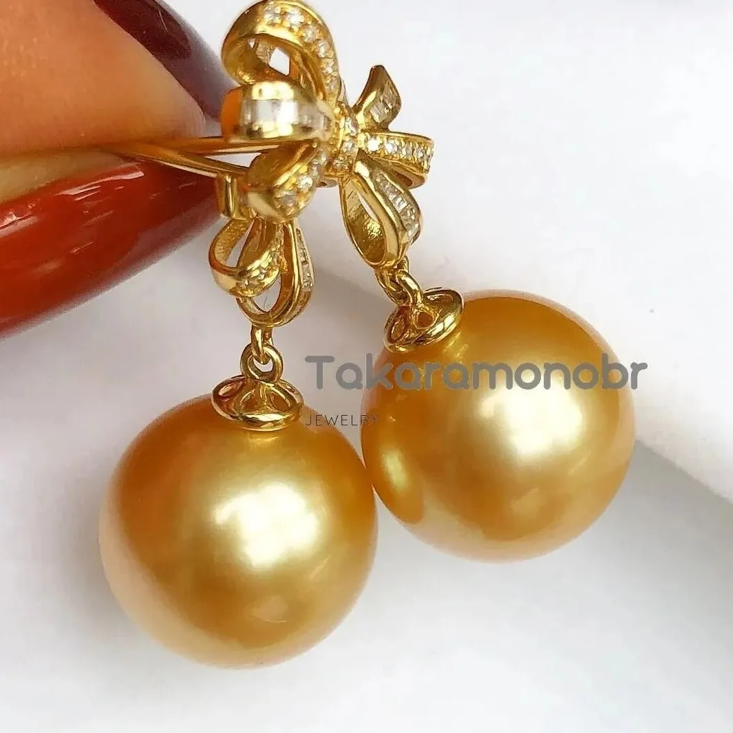 Golden Ribbons 13.0-14.0 mm Golden South Sea Pearl Earrings in Gold with Diamonds
