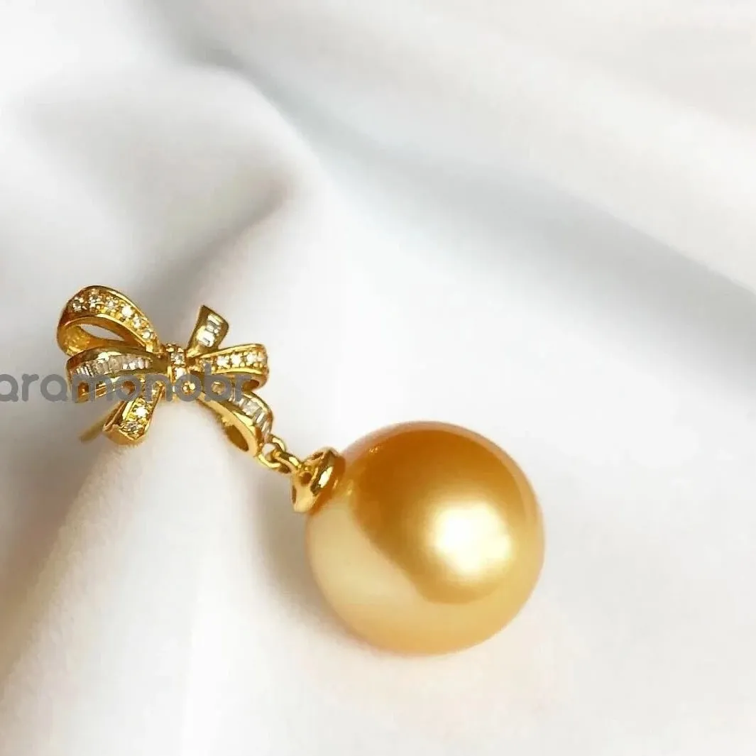 Golden Ribbons 13.0-14.0 mm Golden South Sea Pearl Earrings in Gold with Diamonds