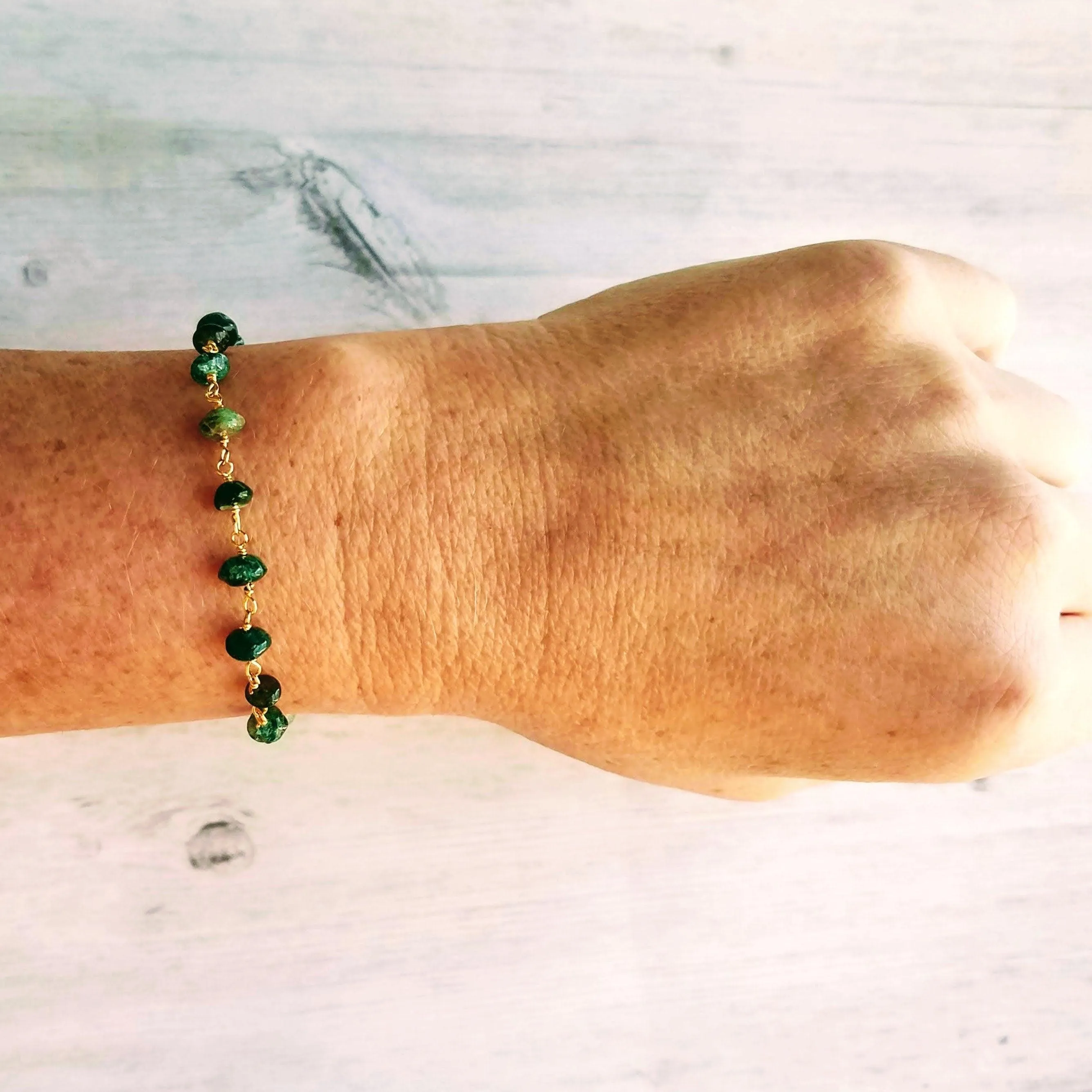 Green Aventurine Bracelet- small semi precious stones w/ adjustable gold chain, light - dark emerald color quartz gemstone rock, Aries & Leo