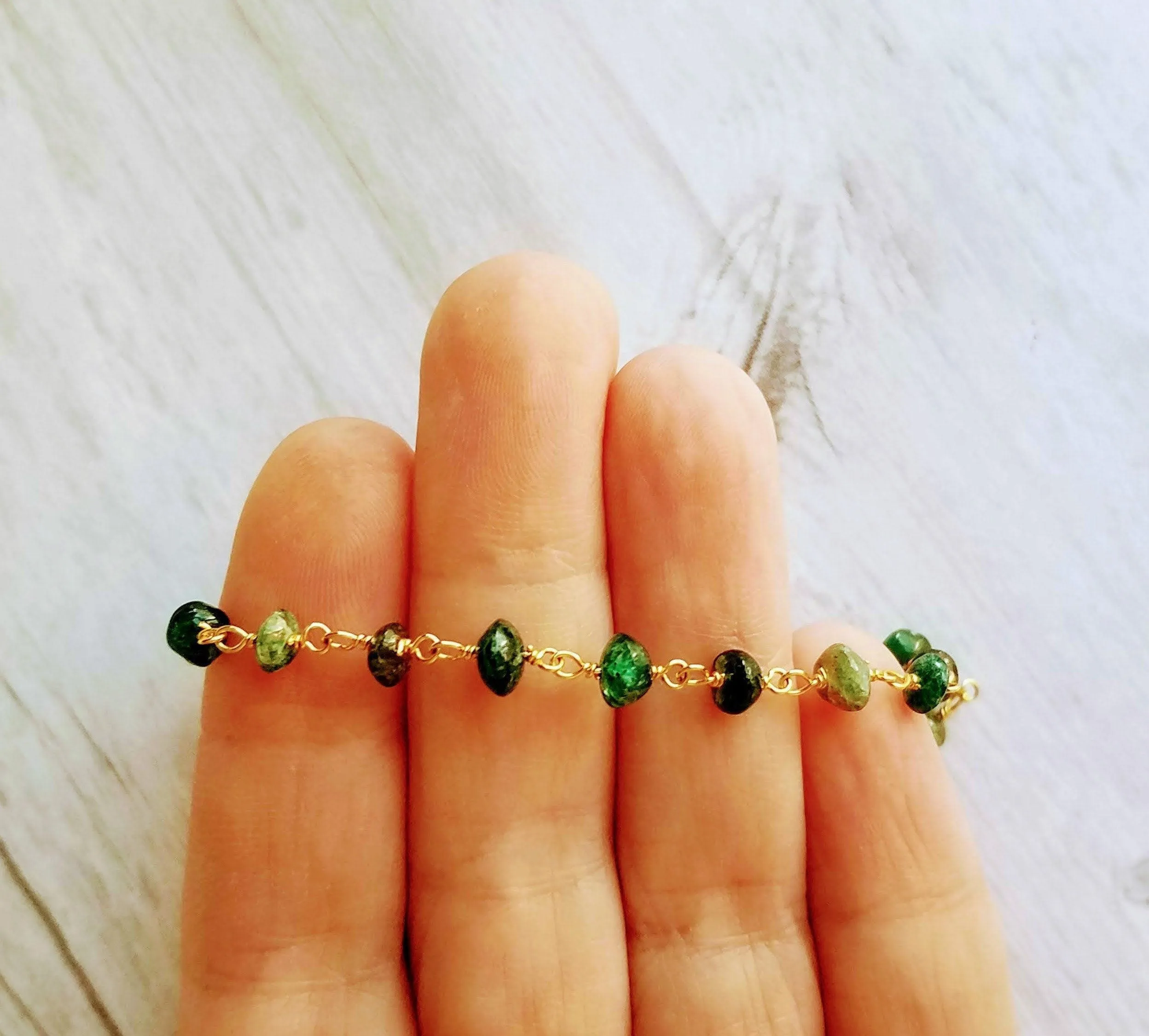 Green Aventurine Bracelet- small semi precious stones w/ adjustable gold chain, light - dark emerald color quartz gemstone rock, Aries & Leo