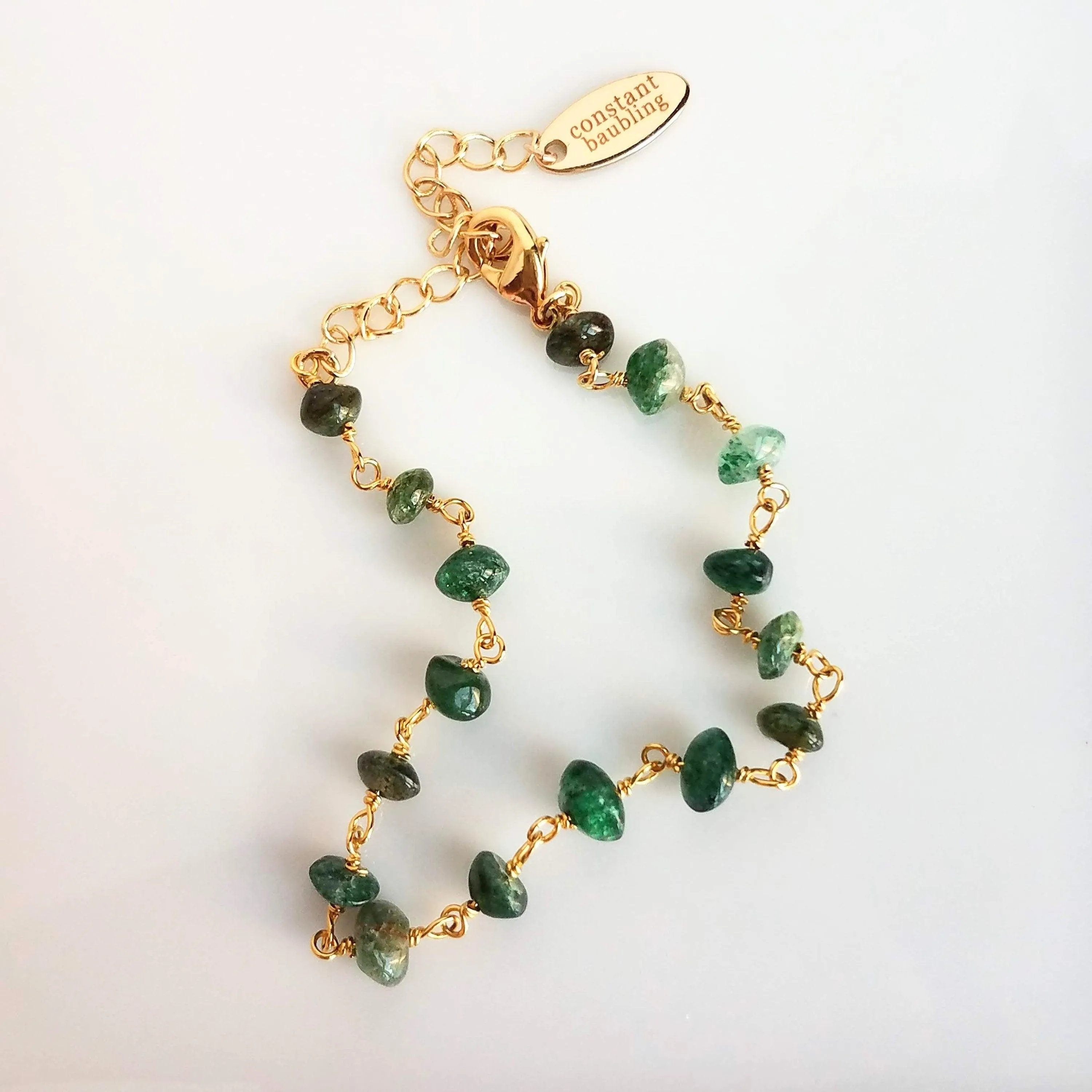 Green Aventurine Bracelet- small semi precious stones w/ adjustable gold chain, light - dark emerald color quartz gemstone rock, Aries & Leo