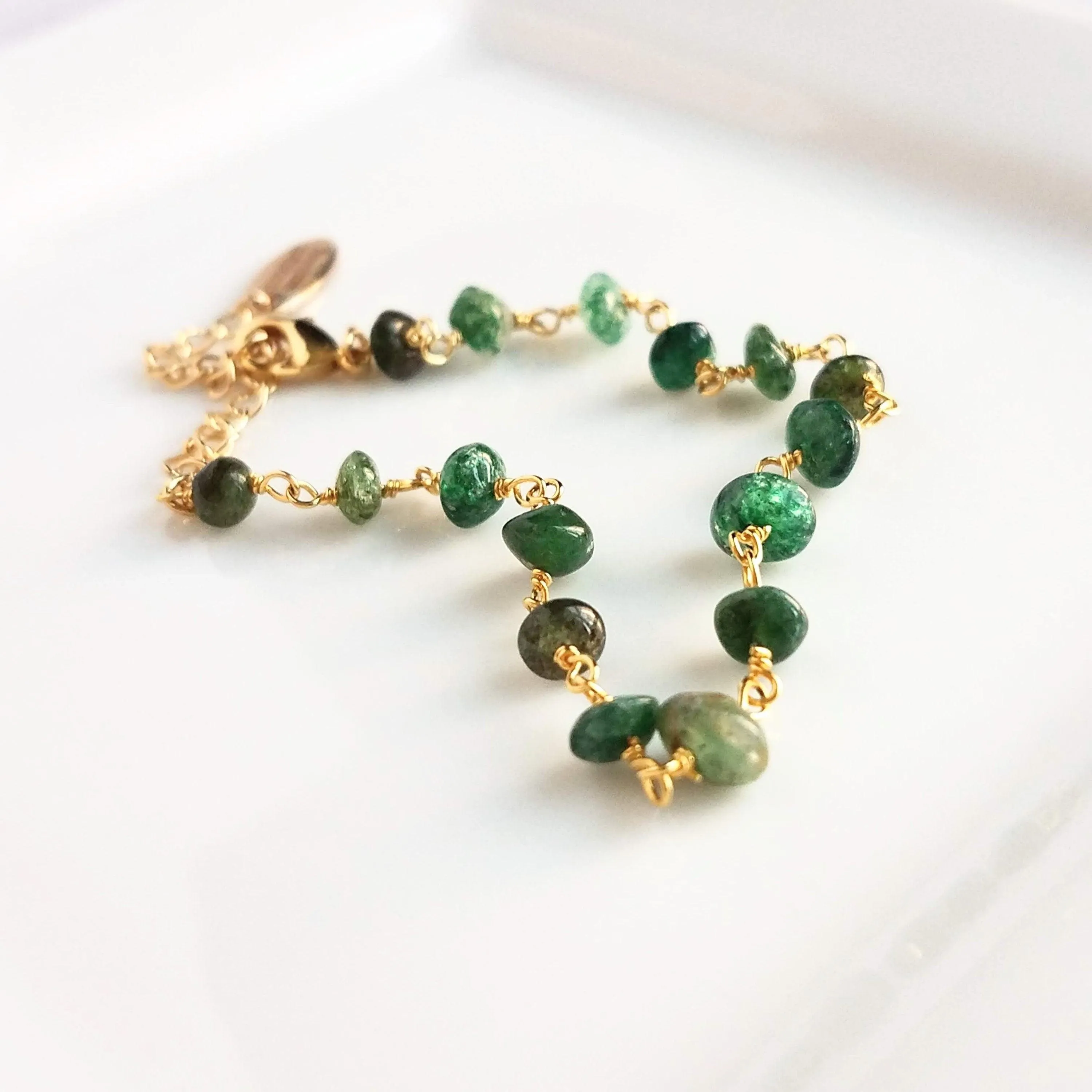 Green Aventurine Bracelet- small semi precious stones w/ adjustable gold chain, light - dark emerald color quartz gemstone rock, Aries & Leo