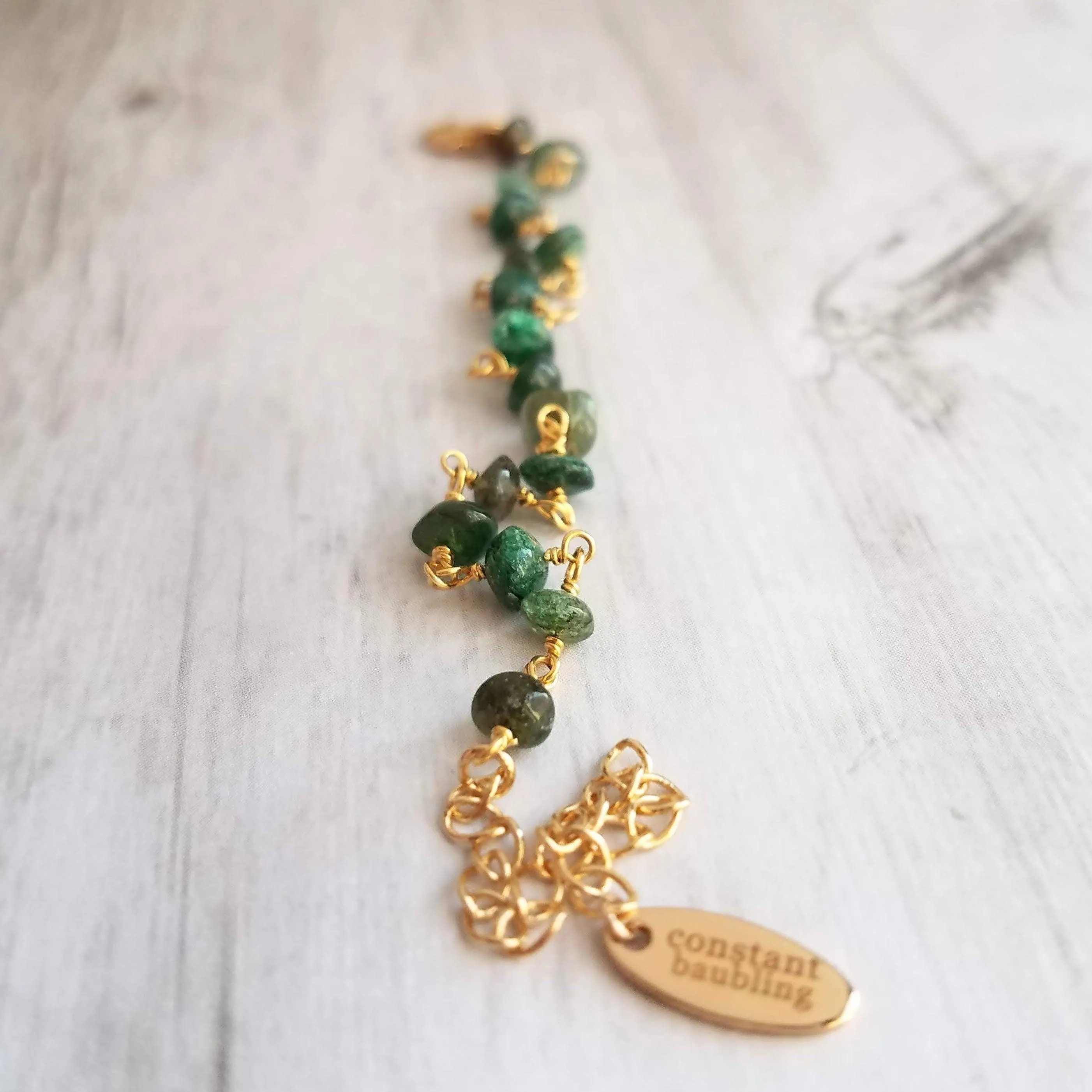 Green Aventurine Bracelet- small semi precious stones w/ adjustable gold chain, light - dark emerald color quartz gemstone rock, Aries & Leo