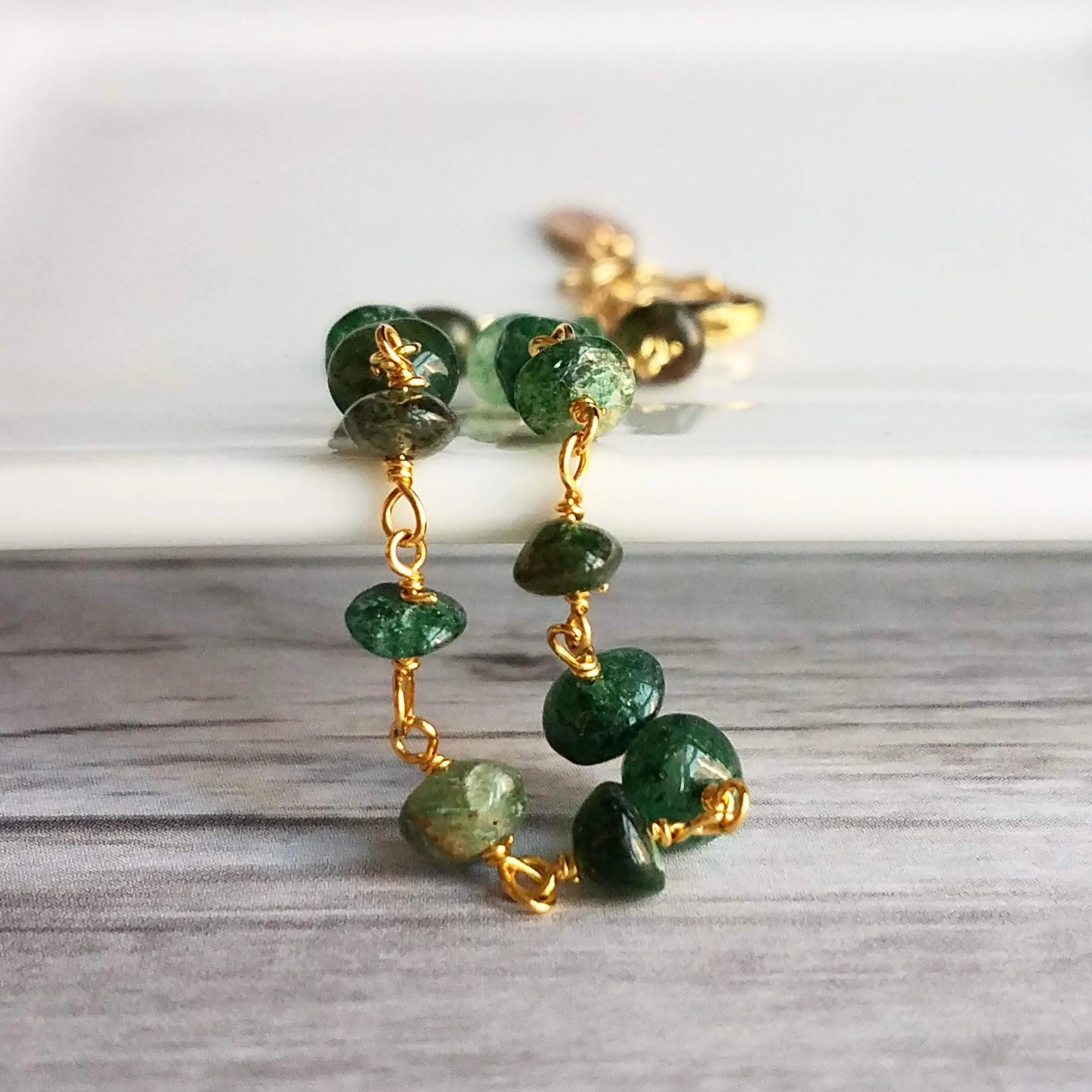 Green Aventurine Bracelet- small semi precious stones w/ adjustable gold chain, light - dark emerald color quartz gemstone rock, Aries & Leo